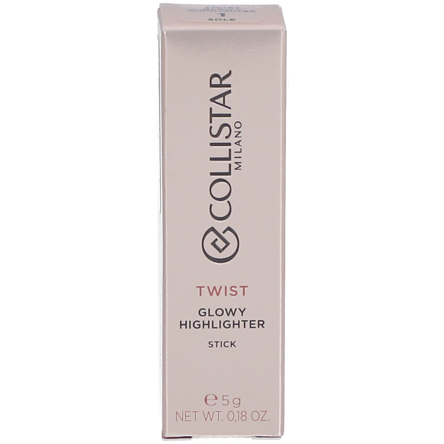 Verpackung des Highlighter-Sticks. Rosa-goldene Verpackung. Aufschrift: Collistar, Twist Glowy Highlighter.