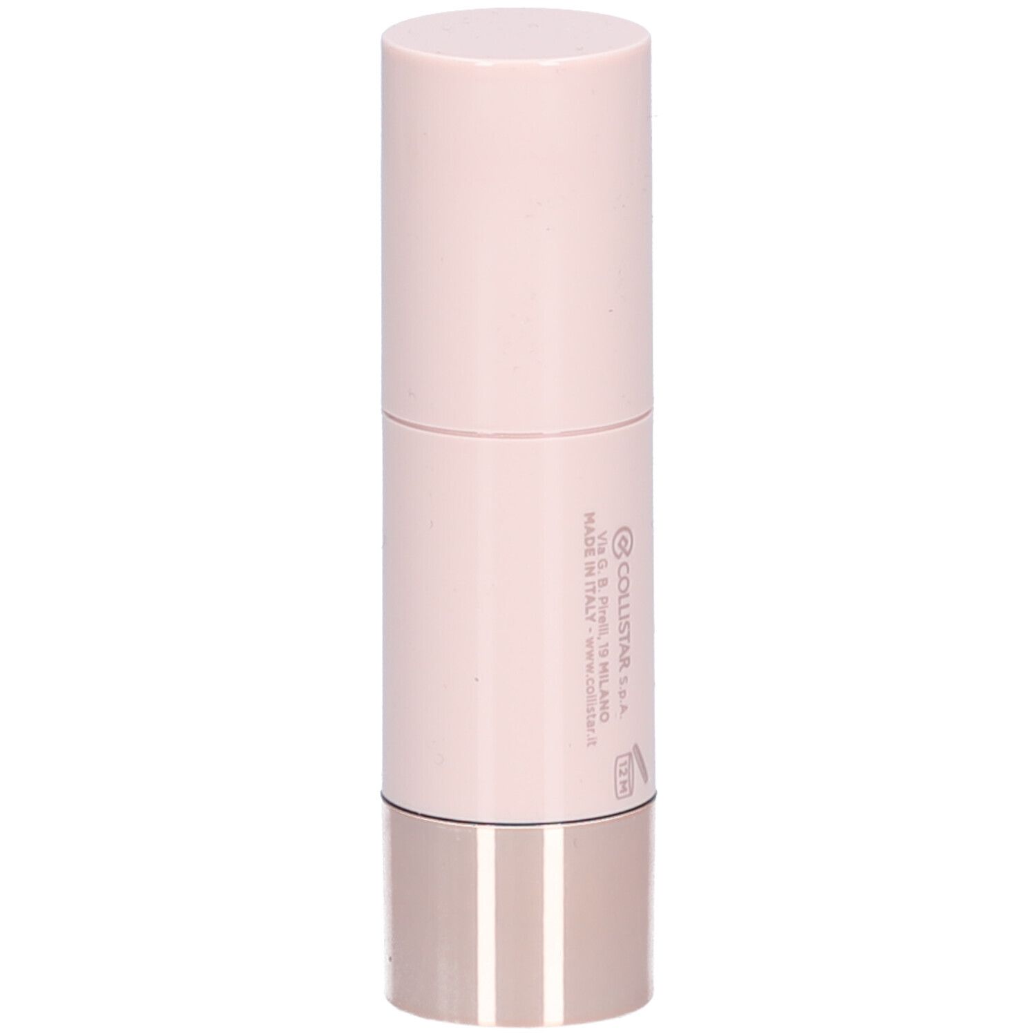 Zylindrischer Highlighter-Stick. Rosa-farbener Körper, silberfarbener Boden. Aufschrift: Glowy Highlighter, Collistar.