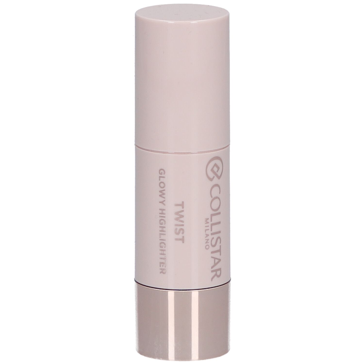 Zylindrischer Highlighter-Stick. Rosa-farbener Körper, silberfarbener Boden. Aufschrift: Twist Glowy Highlighter, Collistar.