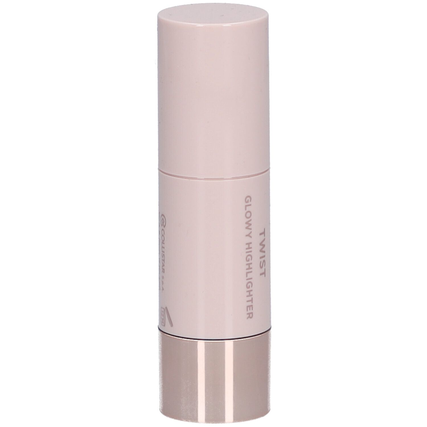 Zylindrischer Highlighter-Stick. Rosa-farbener Körper, silberfarbener Boden. Aufschrift: Twist Glowy Highlighter, Collistar.