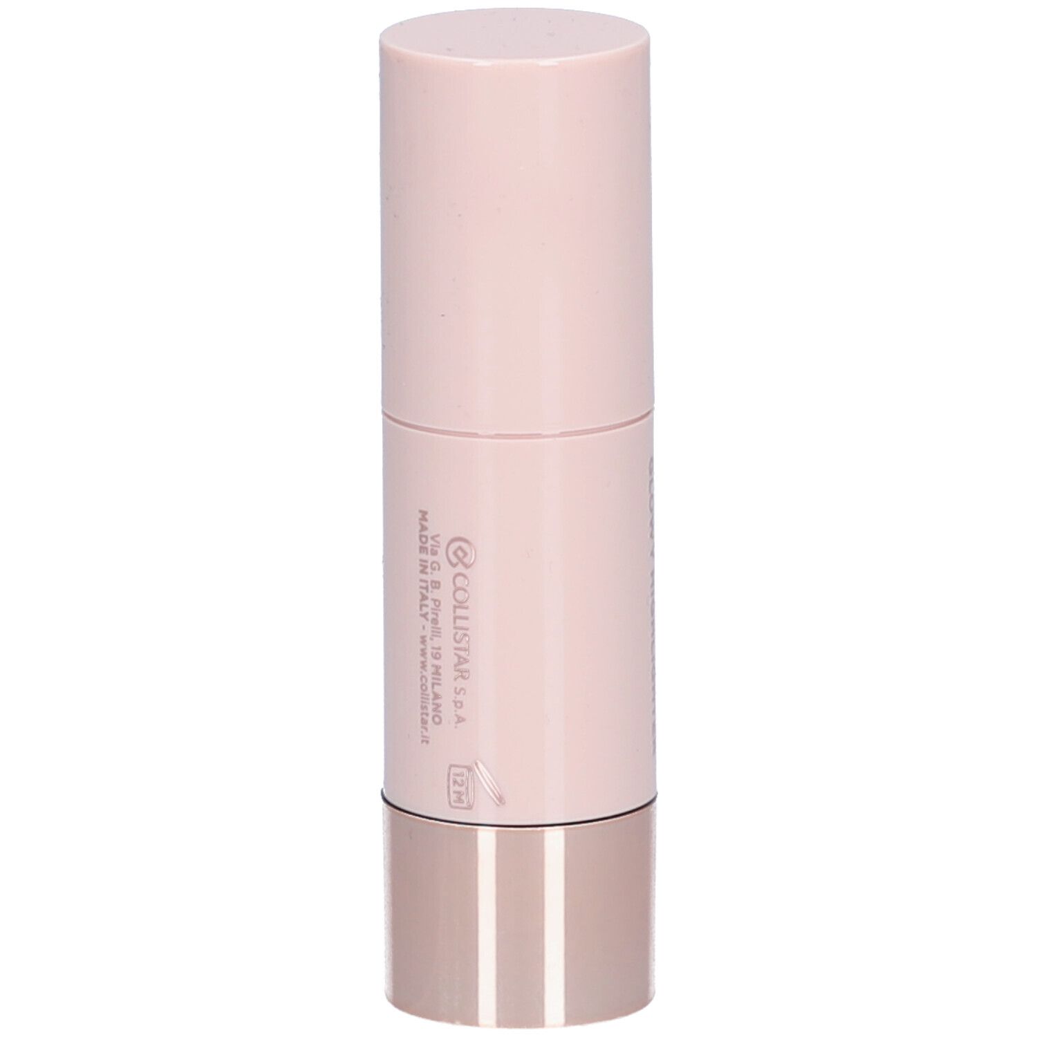 Zylindrischer Highlighter-Stick. Rosa-farbener Körper, silberfarbener Boden. Aufschrift: Glowy Highlighter, Collistar.
