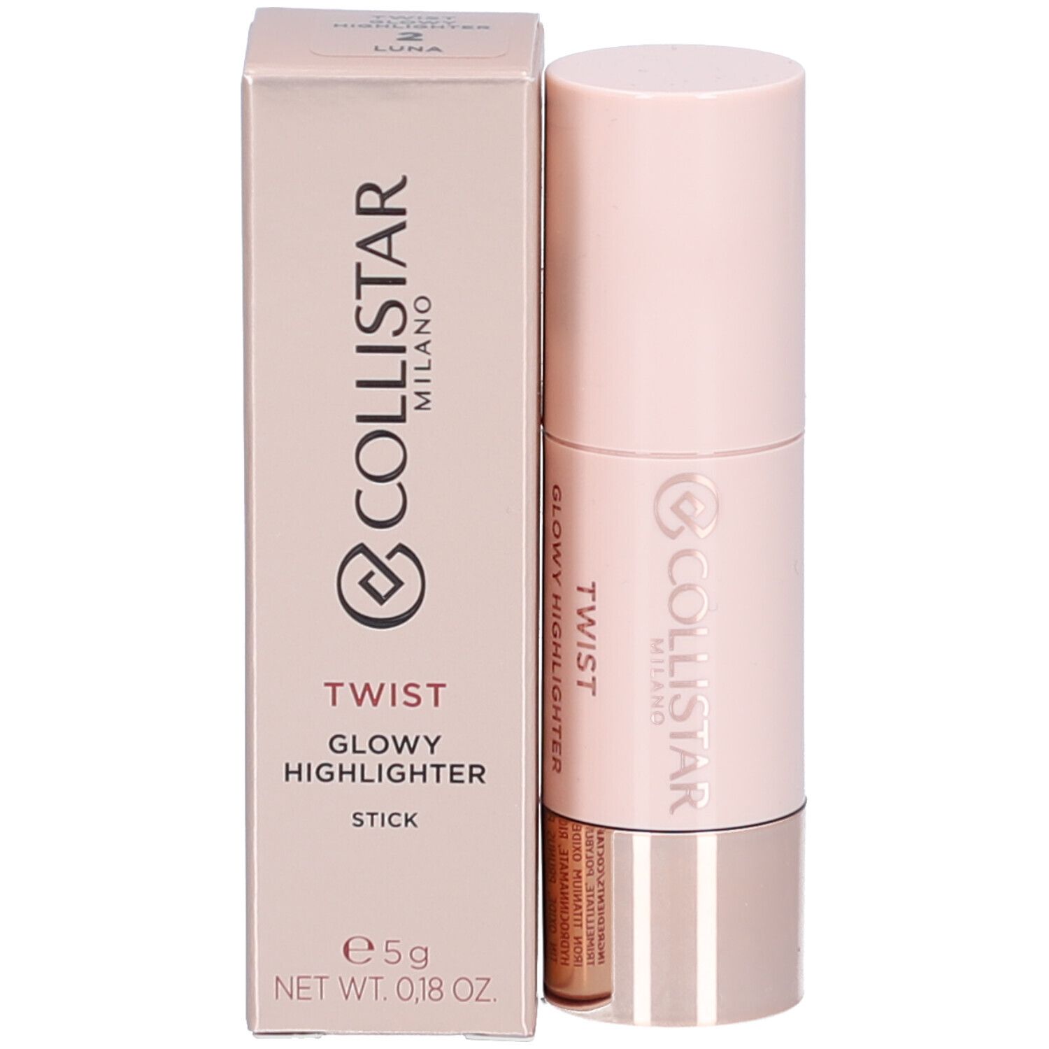 Highlighter-Stick mit Verpackung. Rosa-farbener Stick, silberfarbener Boden. Aufschrift: Twist Glowy Highlighter, Collistar.