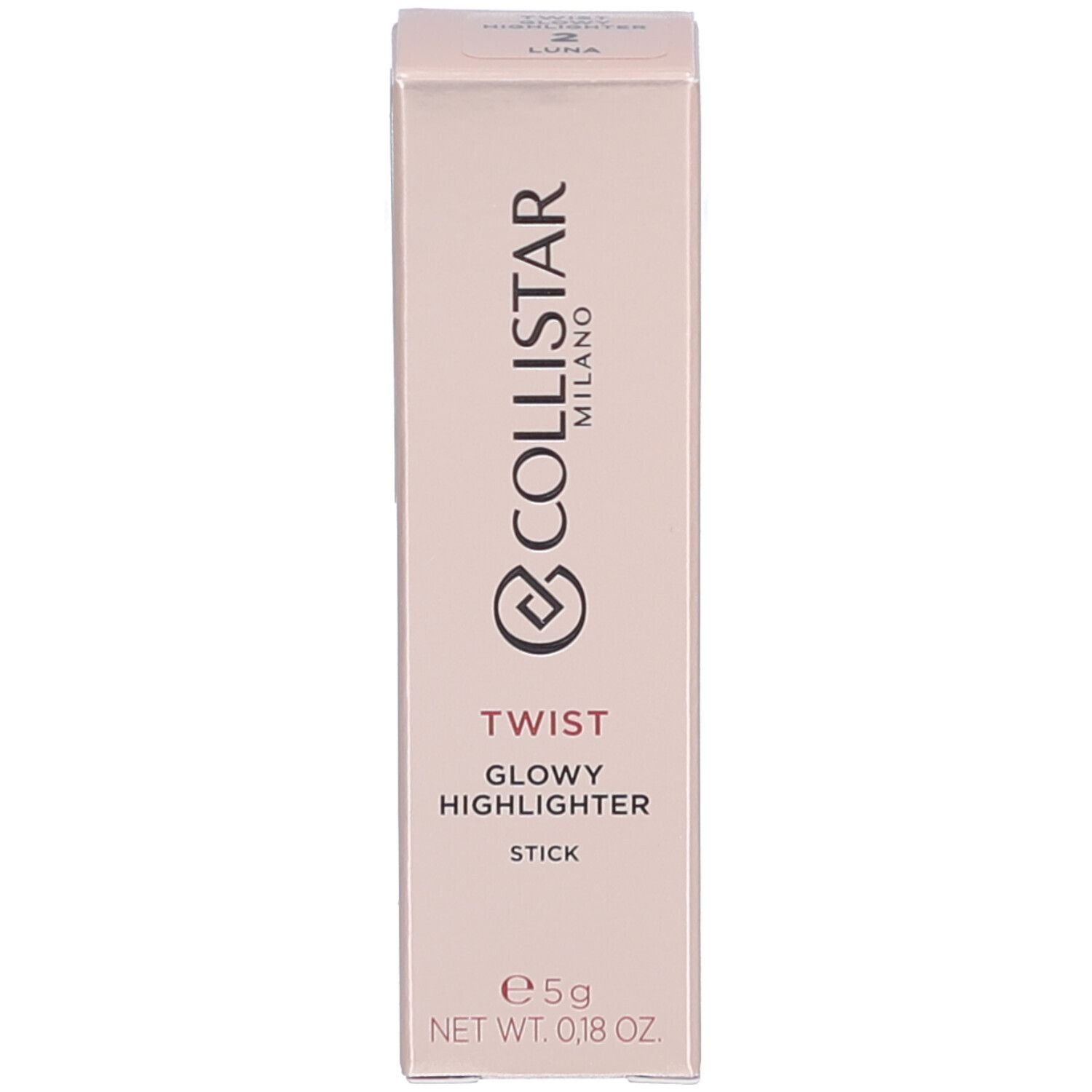 Highlighter-Stick mit Verpackung. Rosa-farbener Stick, silberfarbener Boden. Aufschrift: Twist Glowy Highlighter, Collistar.