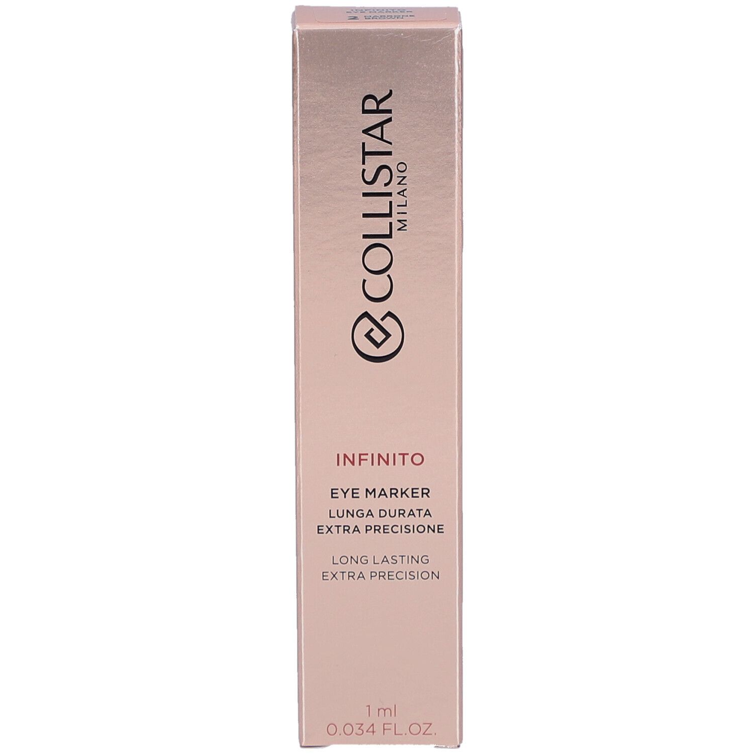 Emballage Collistar Infinito Eye Marker. Boîte rose doré avec nom et logo du produit.