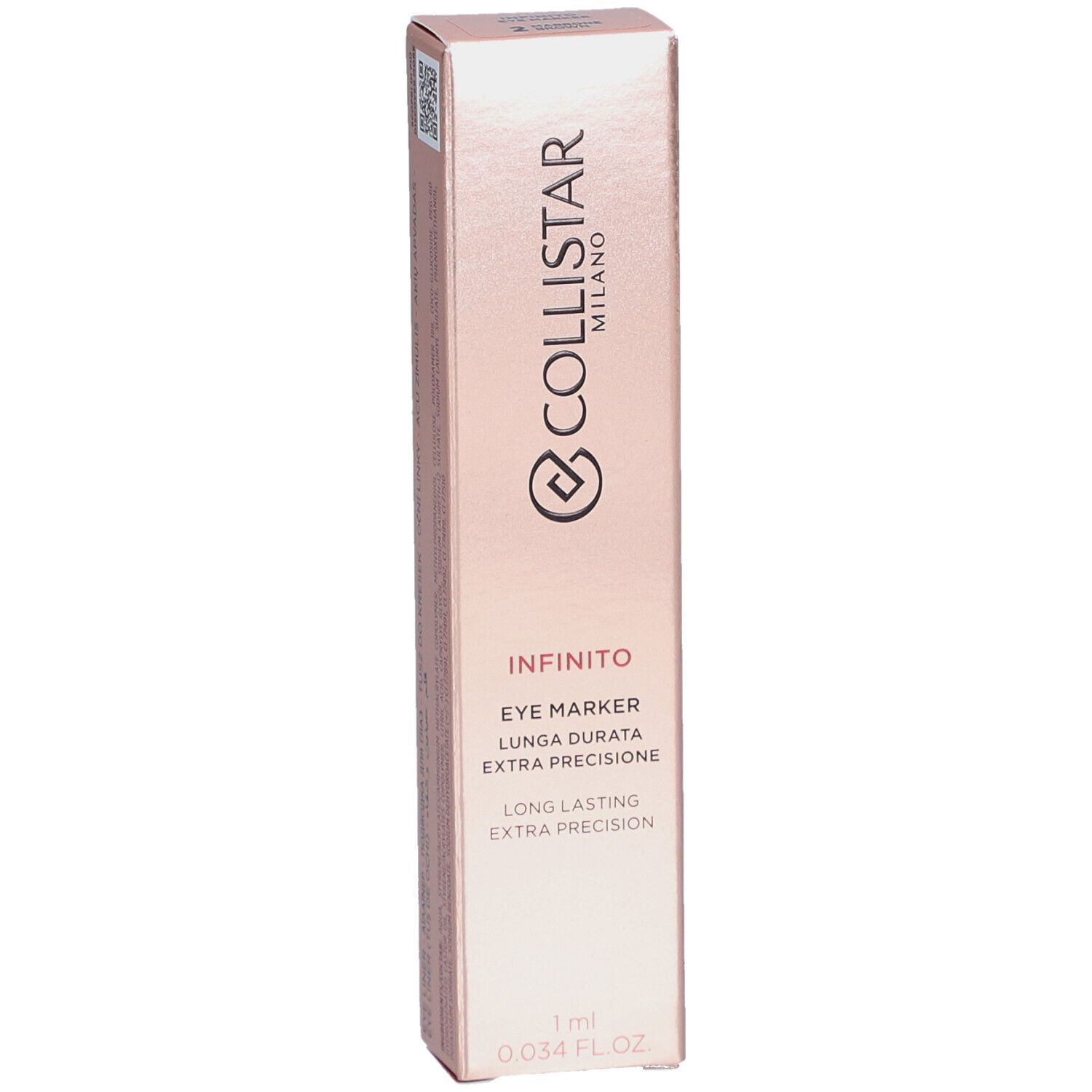 Emballage Collistar Infinito Eye Marker. Boîte rose doré avec nom et logo du produit.