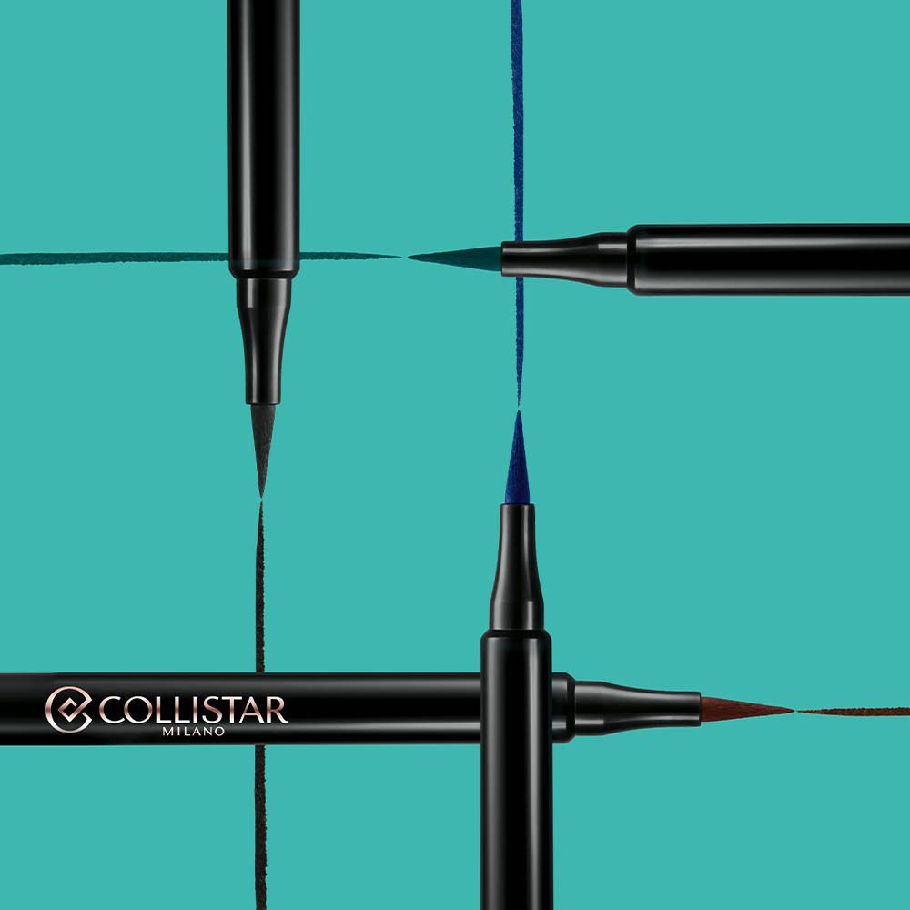 Différents traits d'eye-liner. Logo Collistar Milano. Lignes bleues, marron et noires.