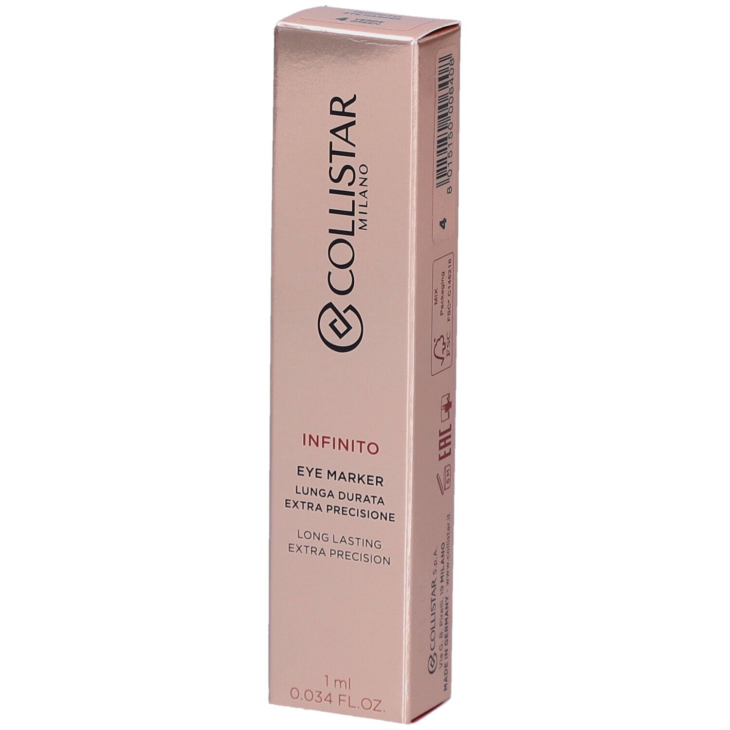 Collistar Infinito Eye Marker in Verpackung. Rosa-goldene Schachtel mit Produktinformationen und Logo.