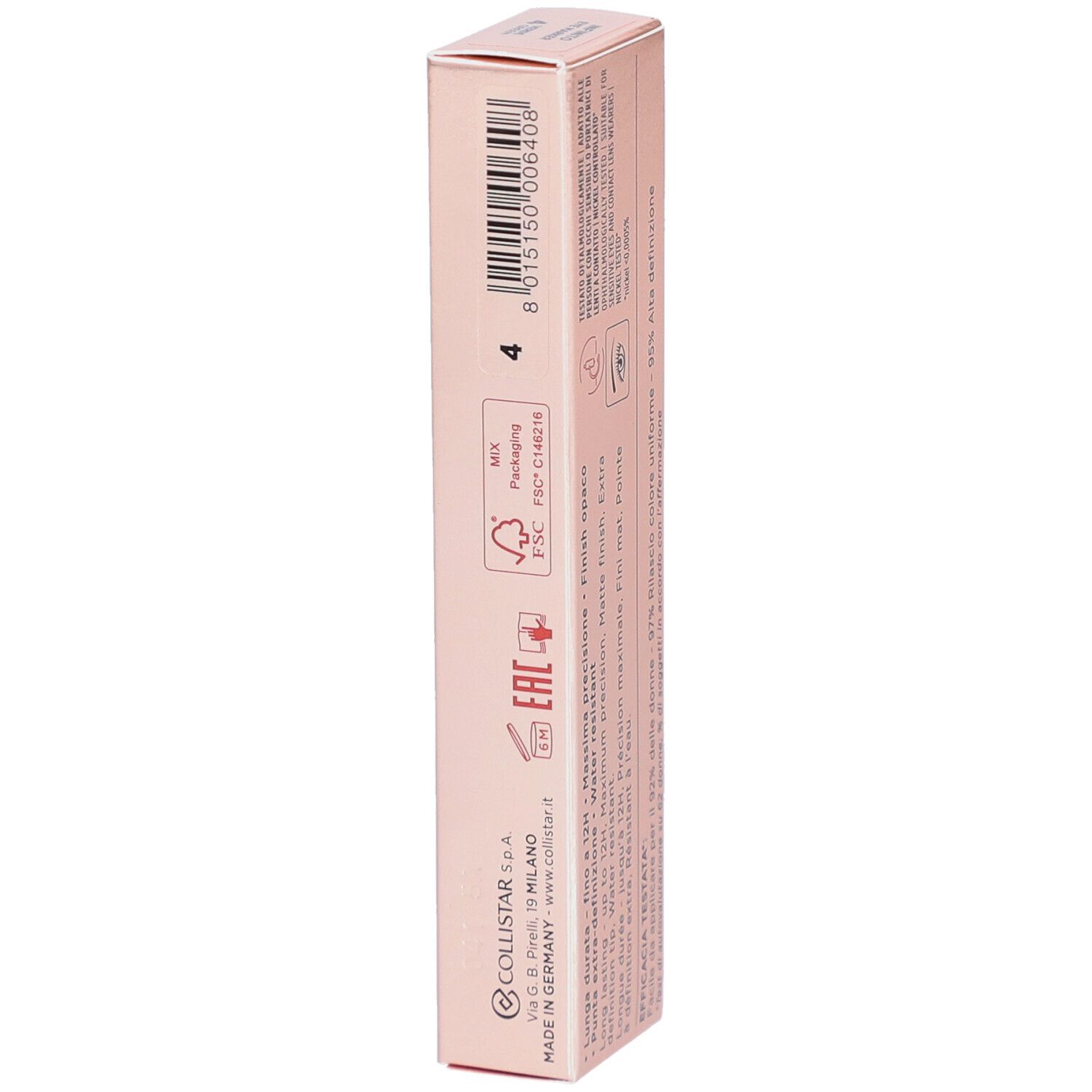 Seite der Collistar Infinito Eye Marker Verpackung. Barcode, Recycling-Symbole und Herstellerinformationen.