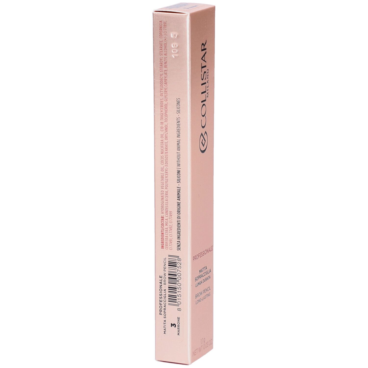 Rückseite der rosa Verpackung. Collistar Milano, Professionale, Augenbrauenstift. Text: Matita Sopracciglia Lunga Durata, Brow Pencil Long-lasting. 1,1g.