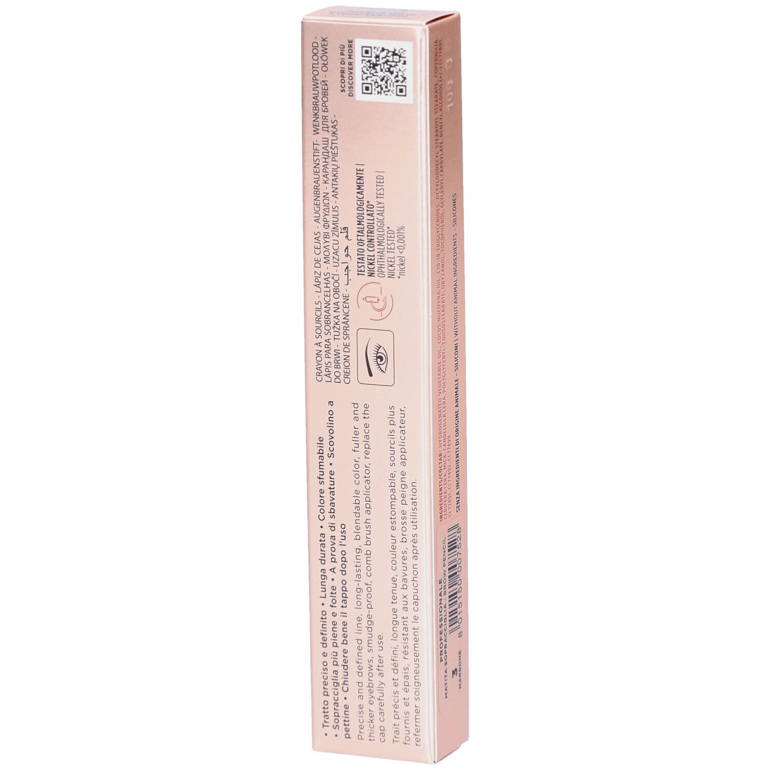 Seite der rosa Verpackung. Collistar Milano, Professionale, Augenbrauenstift. Text: Matita Sopracciglia Lunga Durata, Brow Pencil Long-lasting. 1,1g.