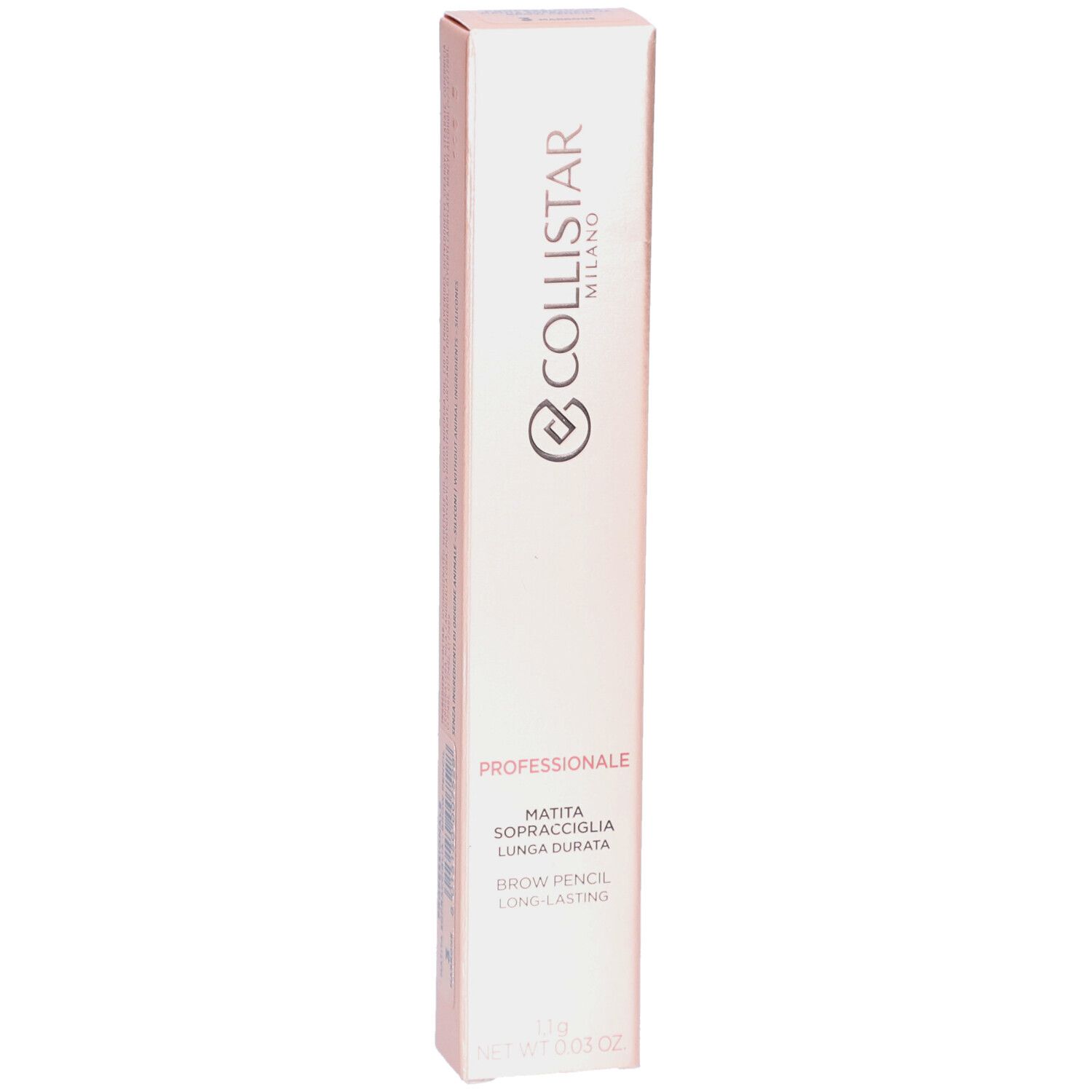 Rosafarbene Verpackung. Collistar Milano, Professionale, Augenbrauenstift. Text: Matita Sopracciglia Lunga Durata, Brow Pencil Long-lasting. 1.1g.