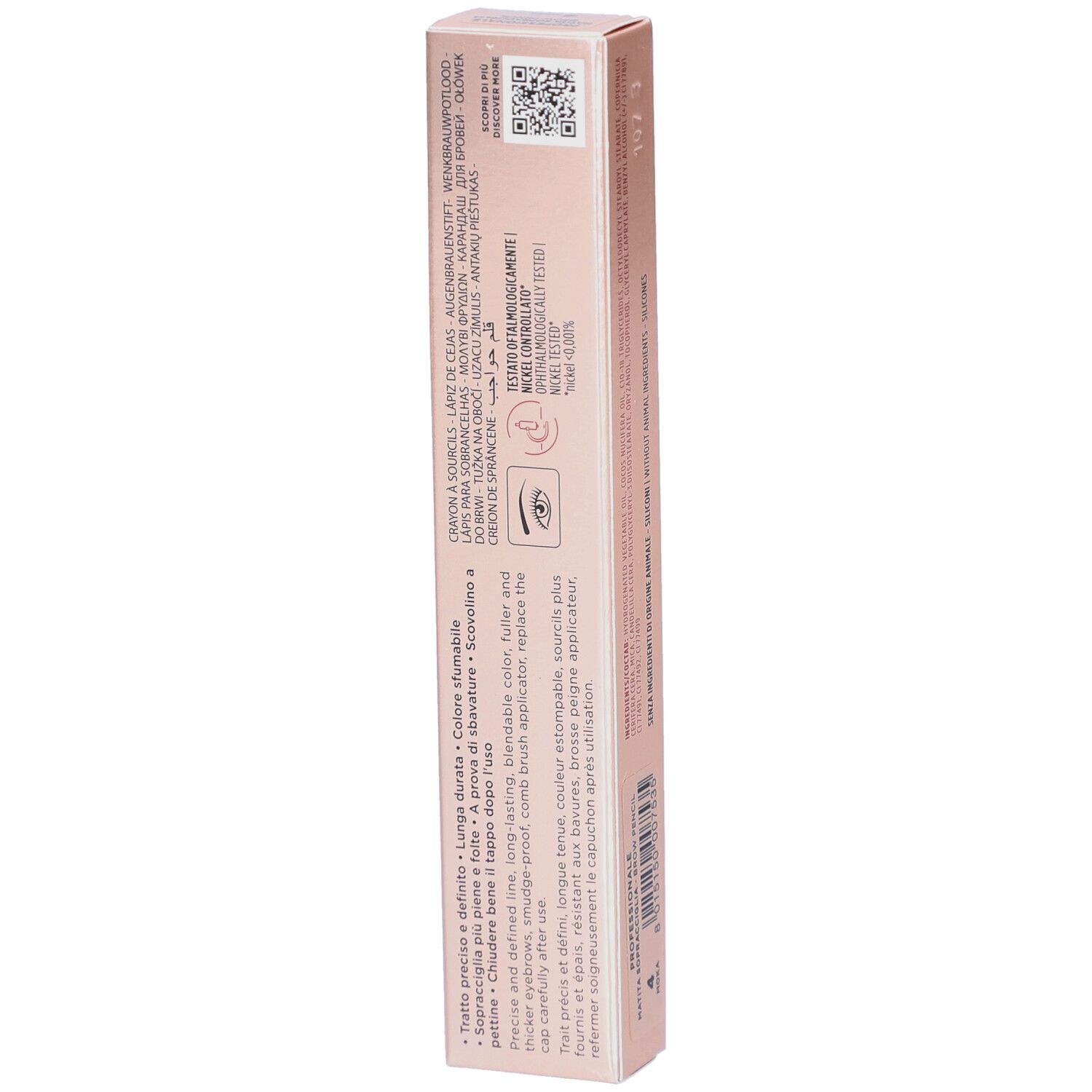 Seite der Collistar Brow Pencil Verpackung. Rosa-goldene Schachtel mit Text und Symbolen. Informationen.