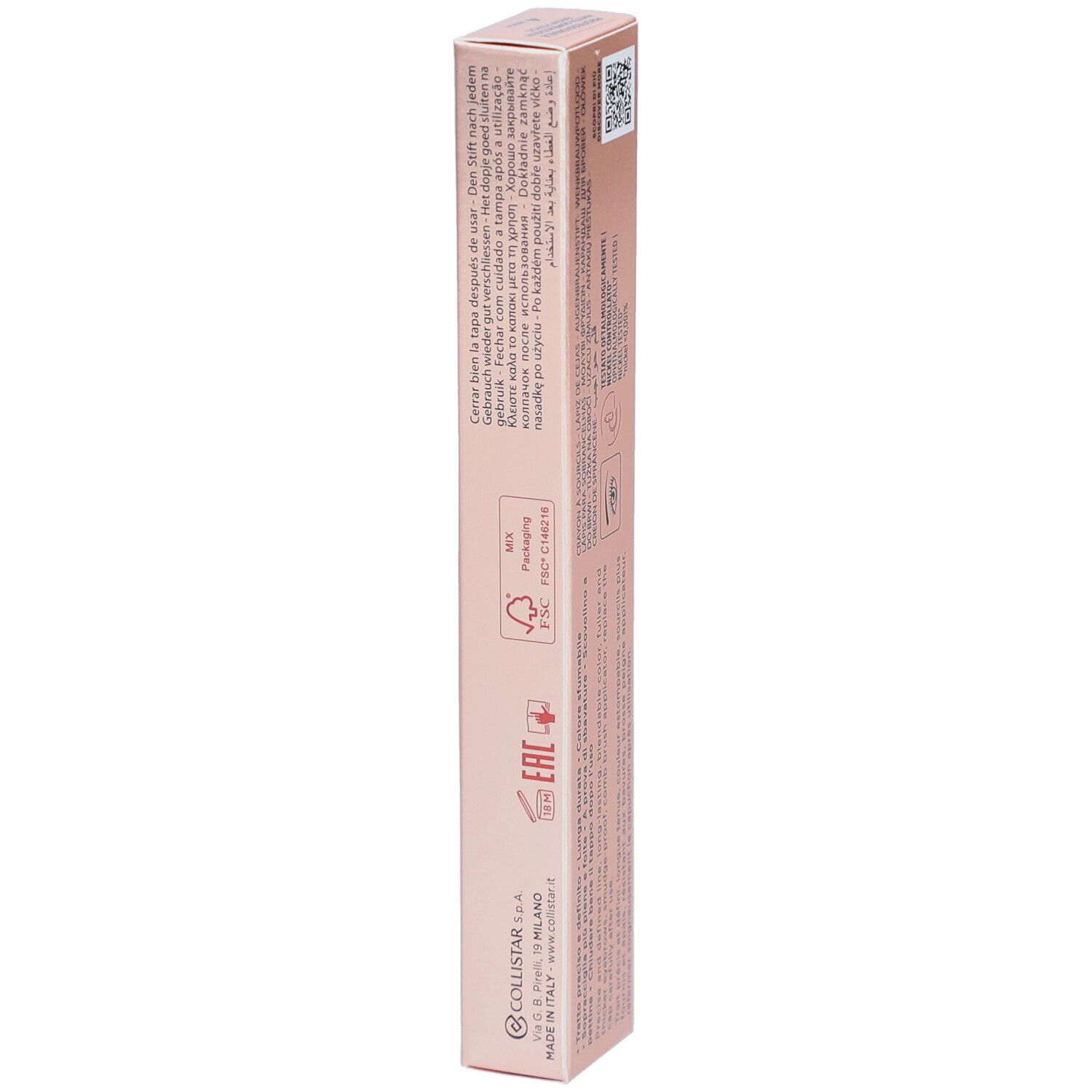 Seite der Collistar Brow Pencil Verpackung. Rosa-goldene Schachtel mit Text und Symbolen. Informationen.