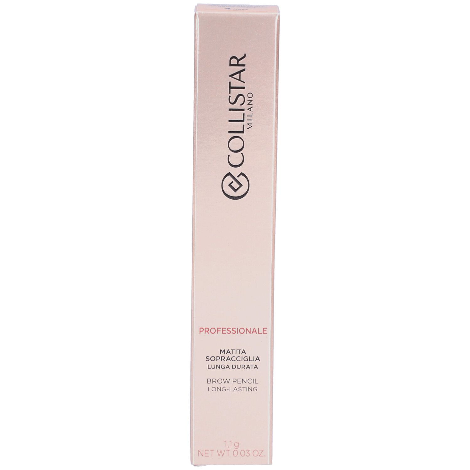 Collistar Professionale Brow Pencil Verpackung. Rosa-goldene längliche Schachtel. Text: Brow Pencil, Long-lasting.