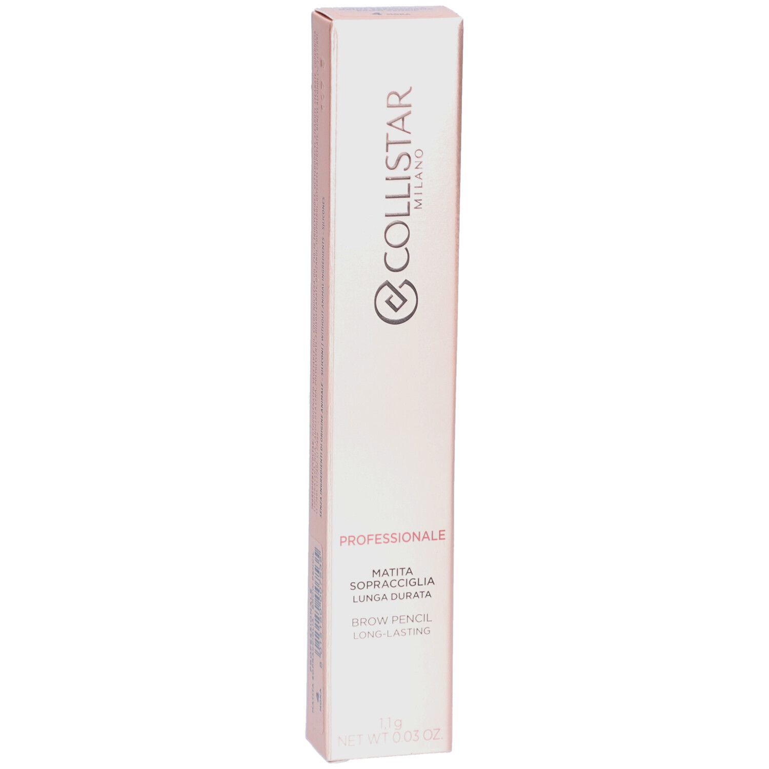 Collistar Professionale Brow Pencil Verpackung. Rosa-goldene längliche Schachtel. Text: Brow Pencil, Long-lasting.