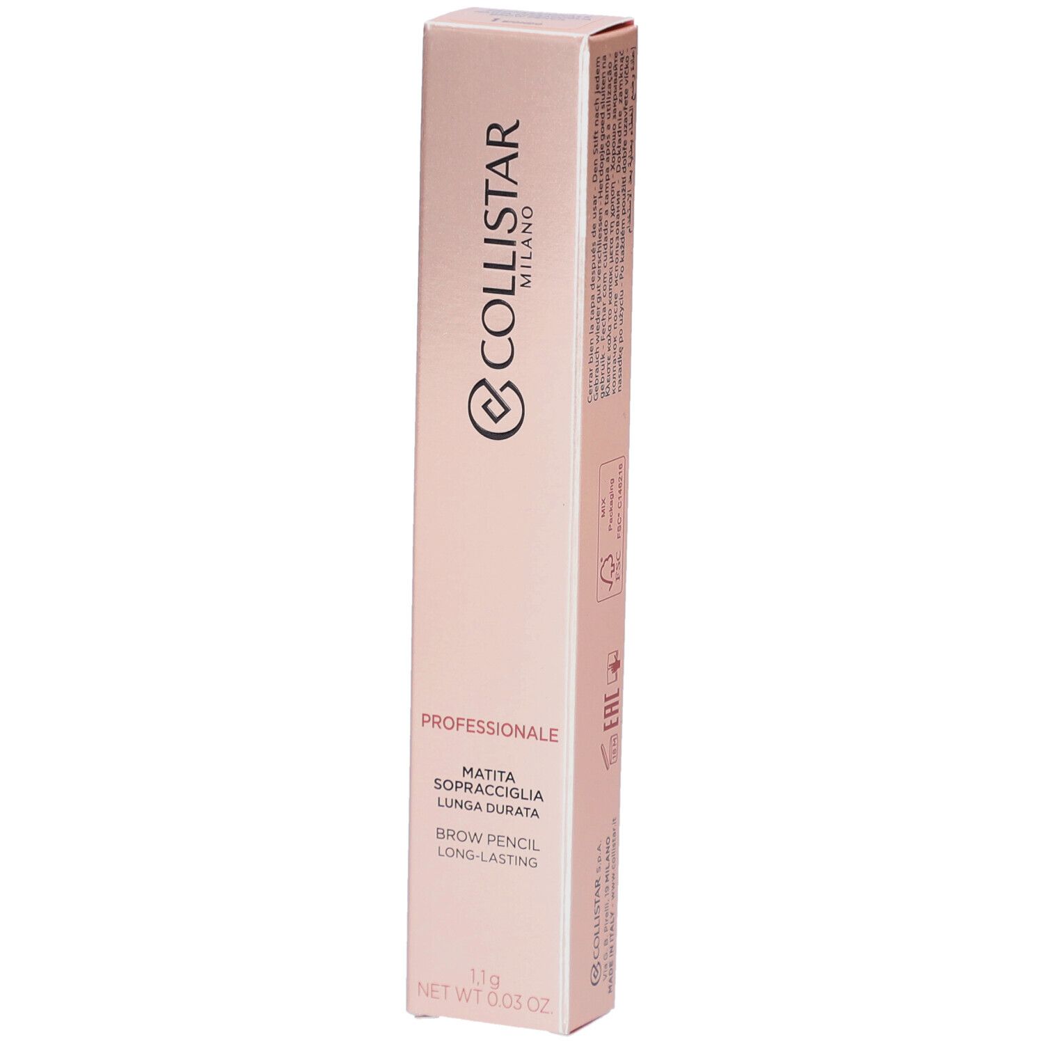 Rosafarbene Verpackung. Enthält einen Augenbrauenstift. Text: Collistar Milano, Professionale, Brow Pencil Long-lasting.