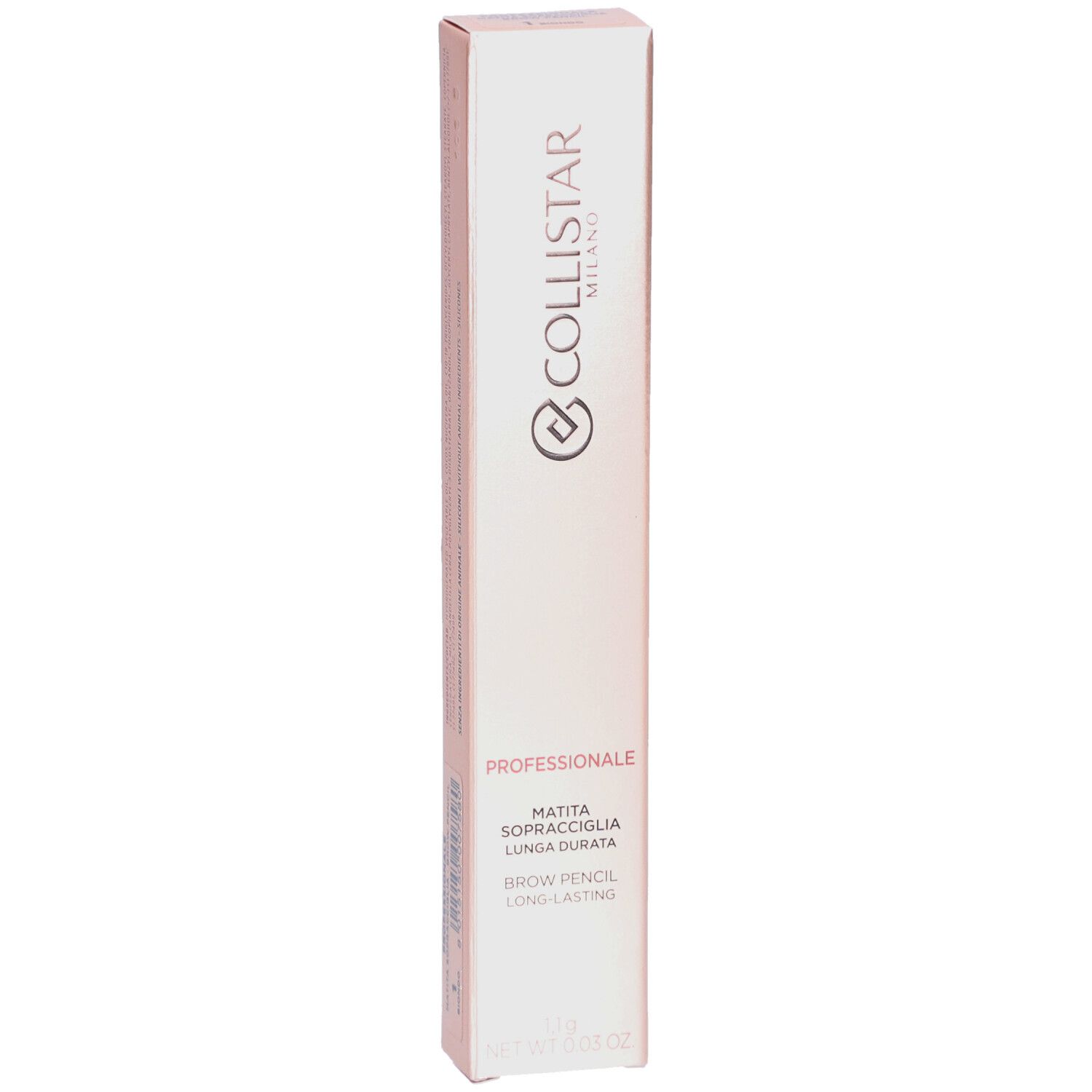 Rosafarbene Verpackung. Text: Collistar Milano, Professionale, Matita Sopracciglia Lunga Durata, Brow Pencil Long-lasting.