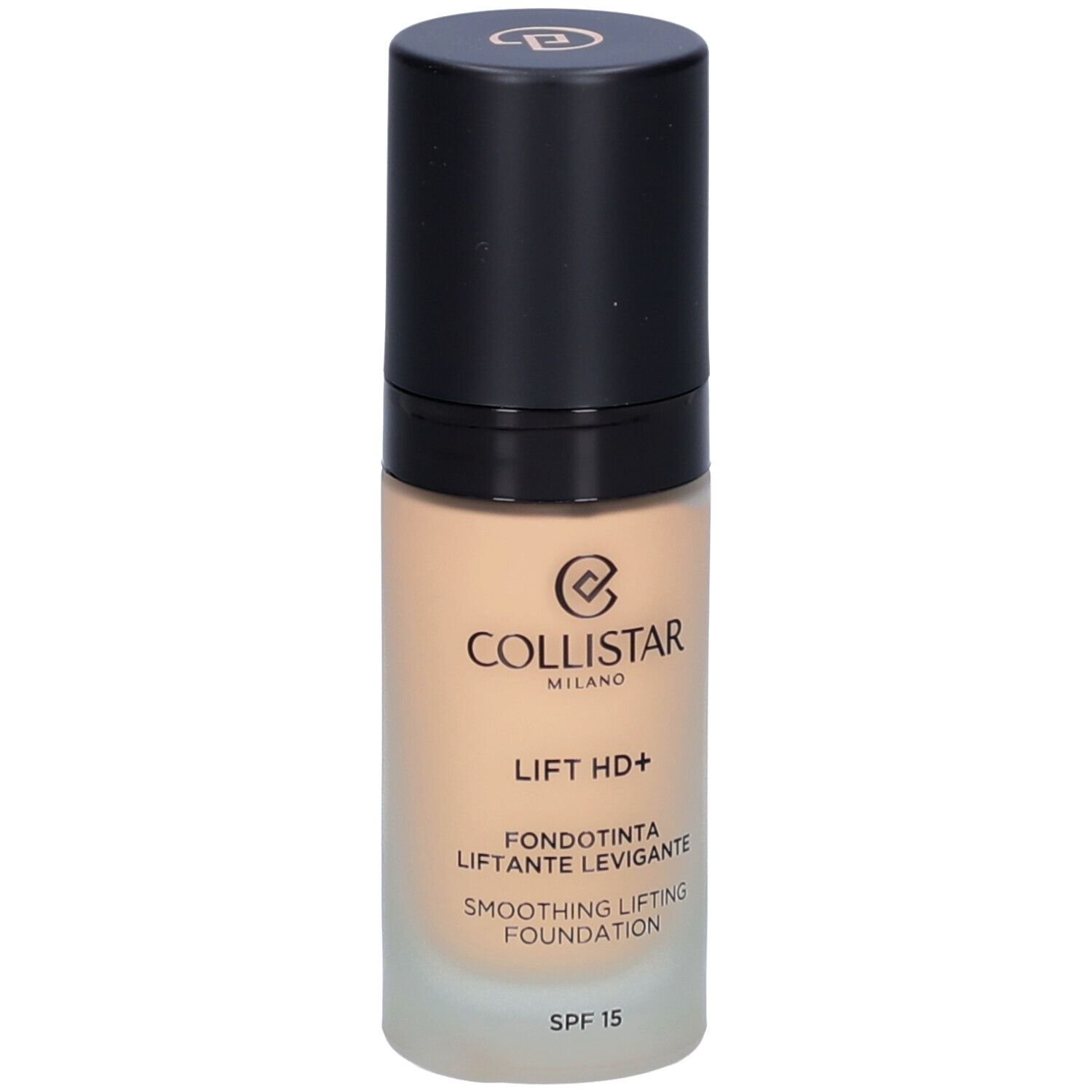 Flacon de fond de teint beige avec bouchon noir. Inscription : Collistar, Lift HD+, Smoothing Lifting Foundation, SPF 15.