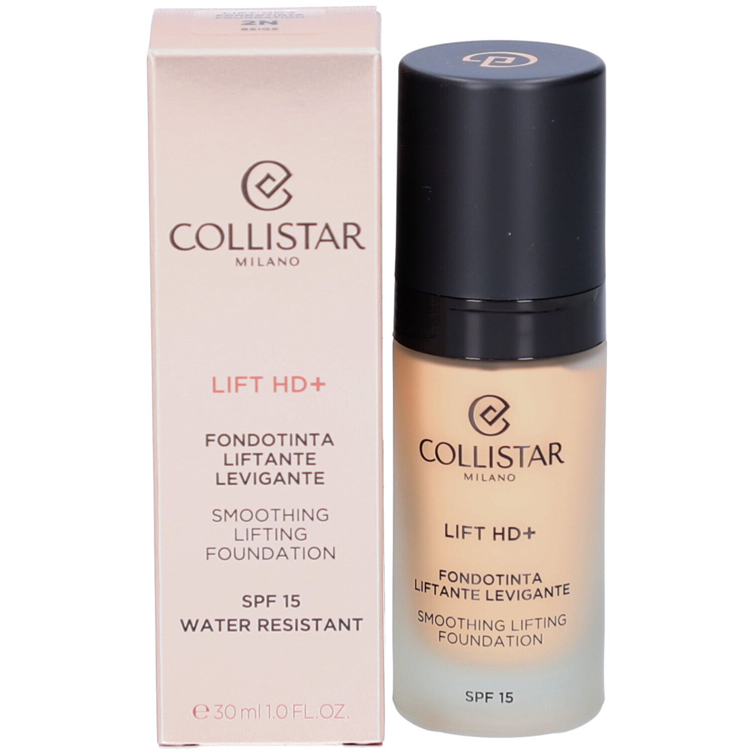 Flacon de fond de teint et emballage. Inscription : Collistar, Lift HD+, Smoothing Lifting Foundation, SPF 15, Water Resistant.