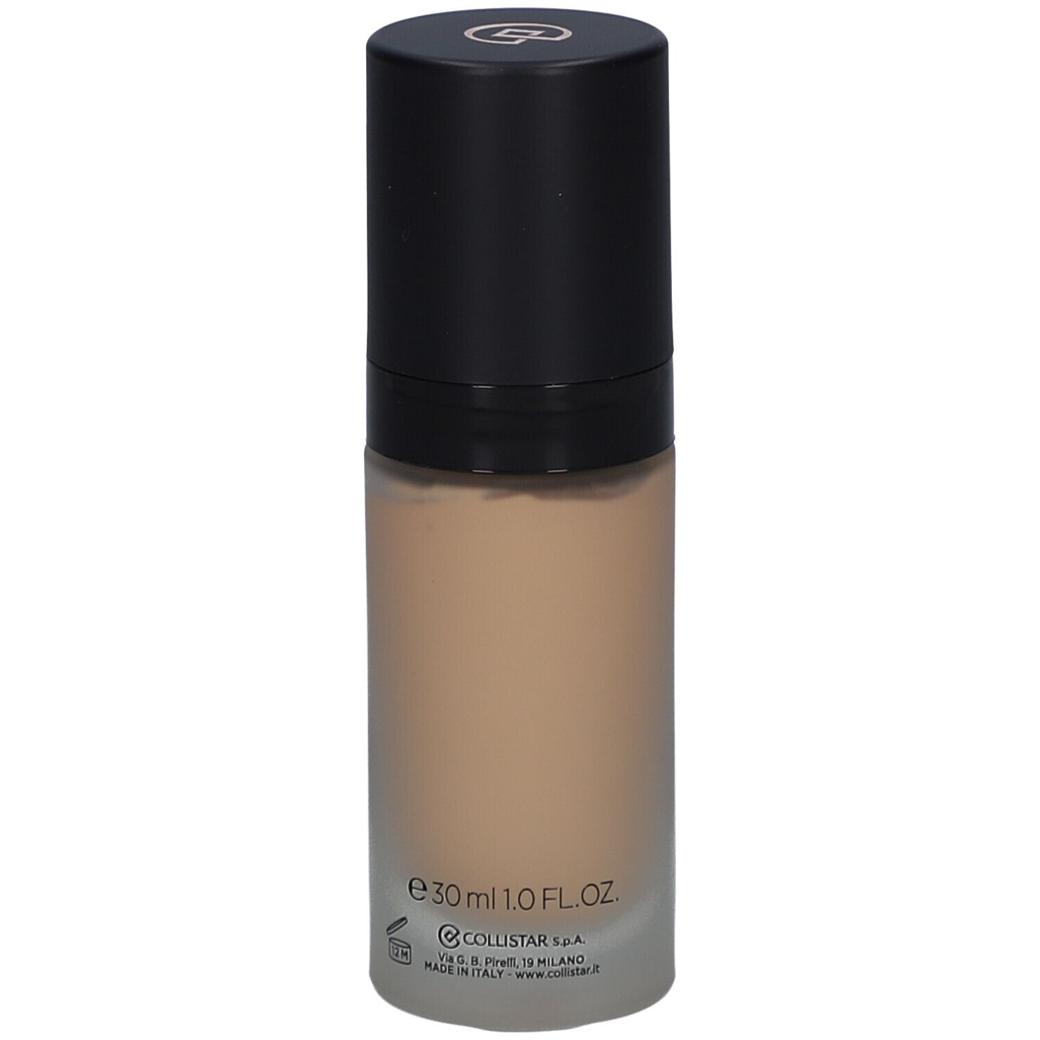 Flacon de fond de teint beige avec bouchon noir. Inscriptions: Collistar, e30ml 1.0 FL.OZ.