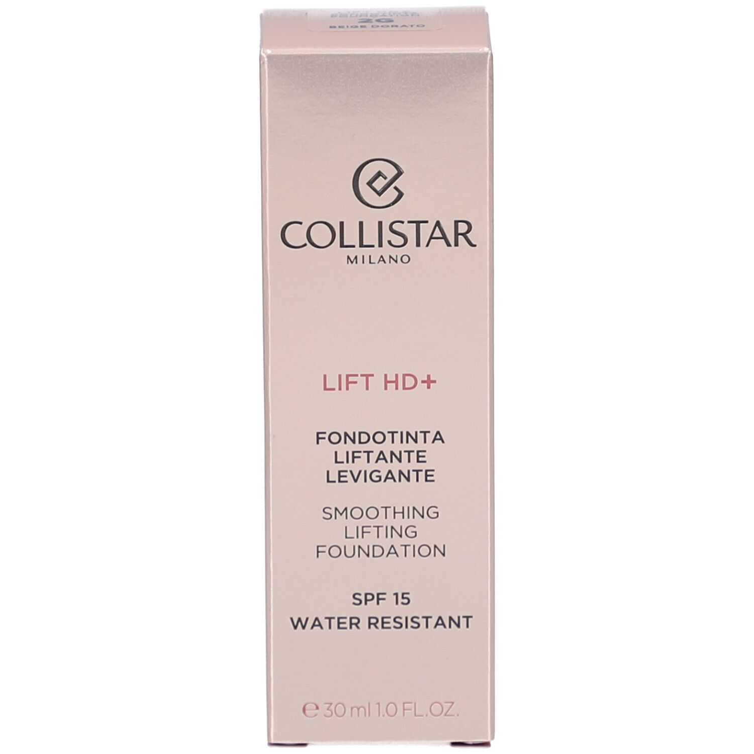 Emballage. Inscriptions: Collistar, Lift HD+, Smoothing Lifting Foundation, SPF 15, Water Resistant, e30ml.