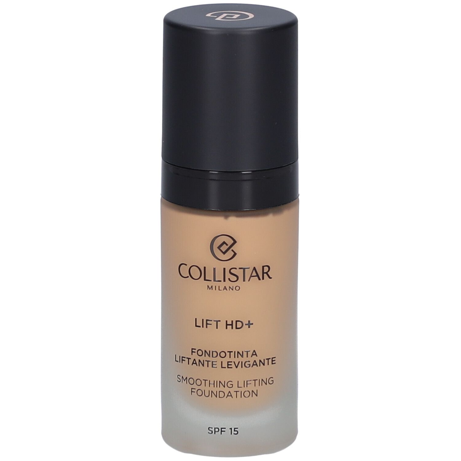 Flacon de fond de teint beige avec bouchon noir. Inscriptions: Collistar, Lift HD+, Smoothing Lifting Foundation, SPF 15.