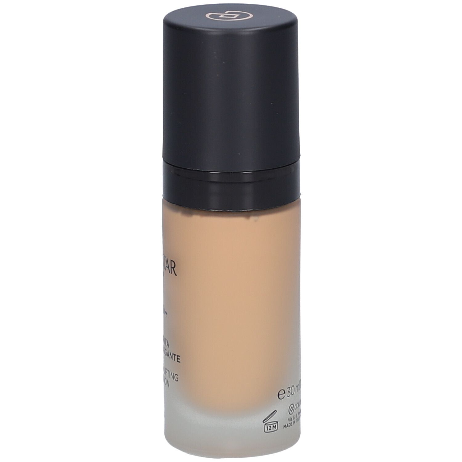 Flacon de fond de teint beige avec bouchon noir. Inscriptions: Collistar, Lift HD+, Smoothing Lifting Foundation, 30ml.