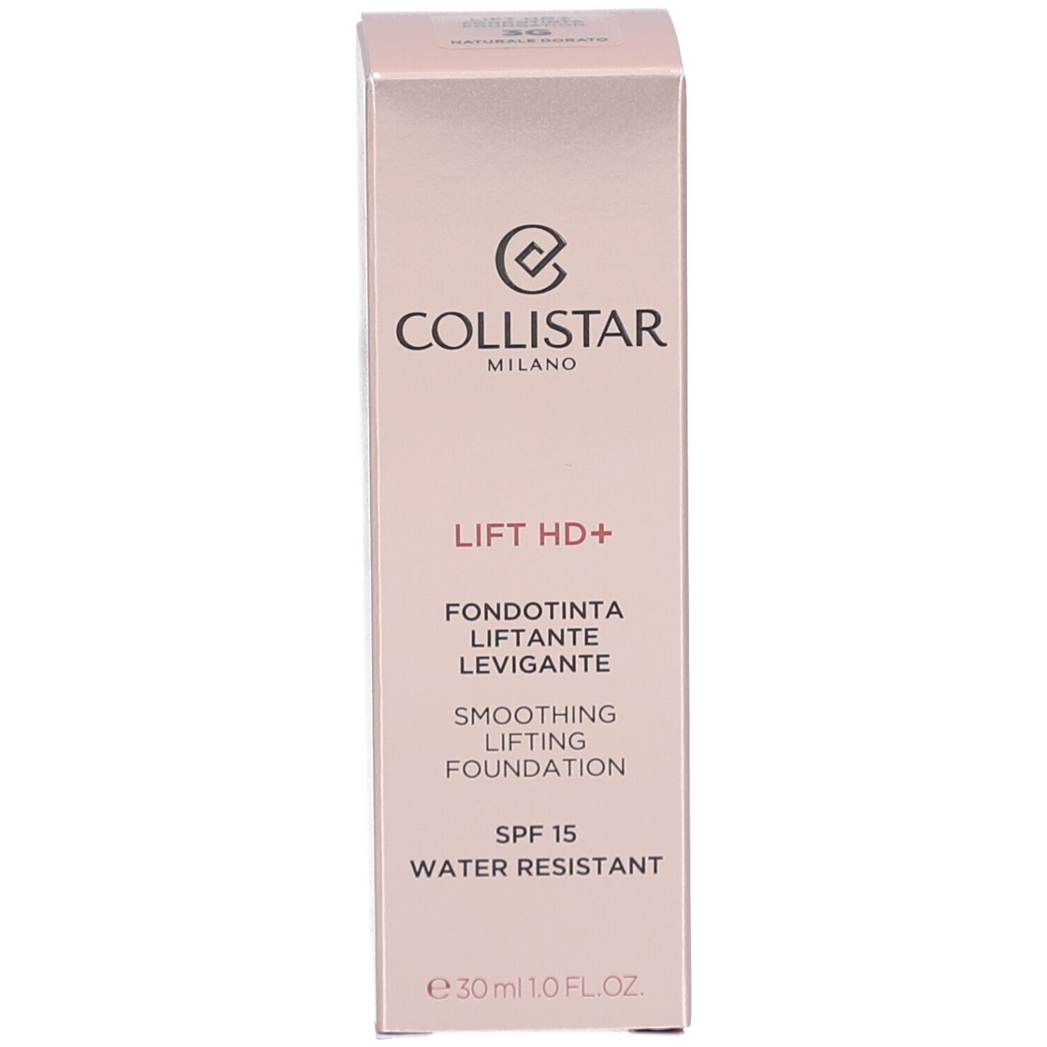 Emballage avec inscriptions: Collistar, Lift HD+, Smoothing Lifting Foundation, SPF 15, Water Resistant, 30ml.