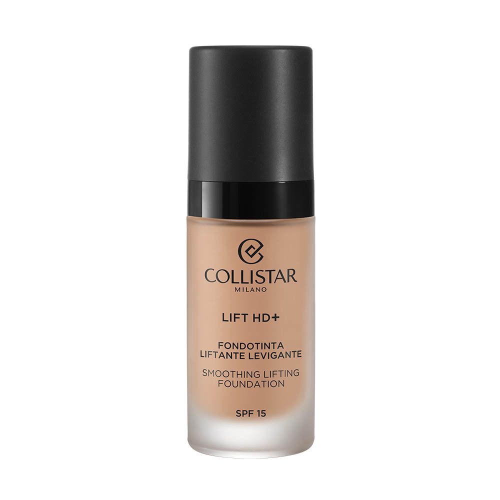 Flacon de fond de teint beige avec bouchon noir. Inscription : Collistar, Lift HD+, Smoothing Lifting Foundation, SPF 15.