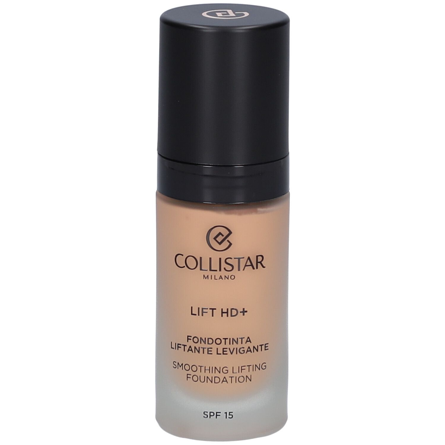 Flacon de fond de teint beige avec bouchon noir. Inscription : Collistar, Lift HD+, Smoothing Lifting Foundation, SPF 15.