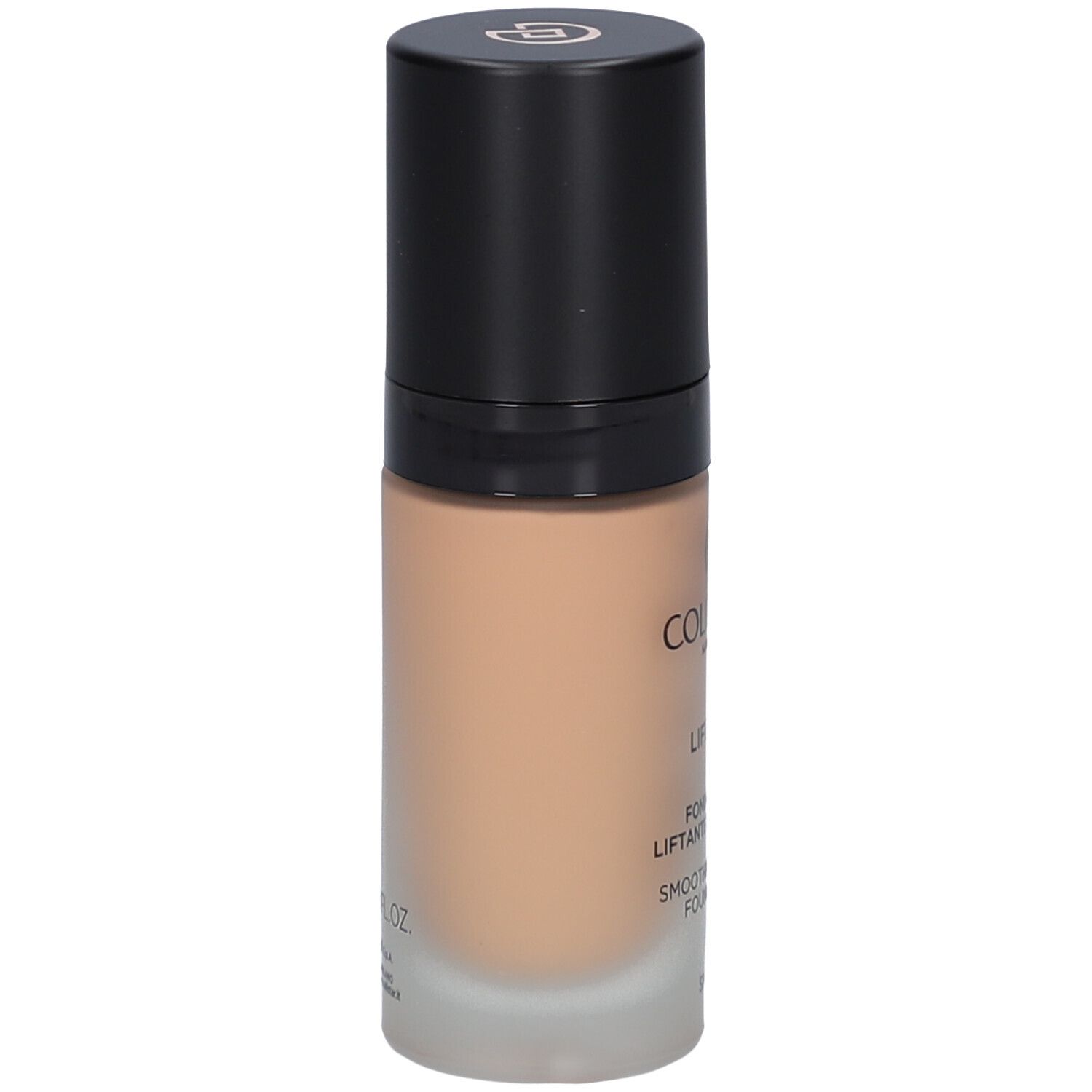 Flacon de fond de teint beige avec bouchon noir. Inscription : Collistar, Lift HD+, Smoothing Lifting Foundation.