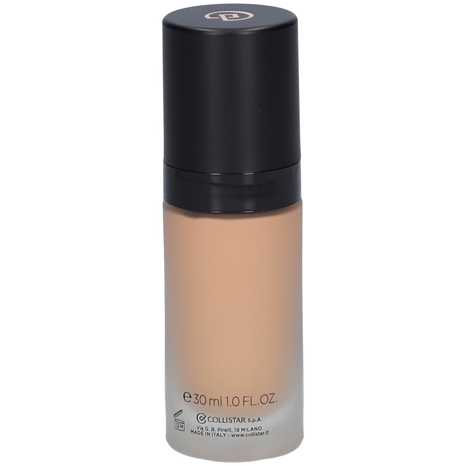 Flacon de fond de teint beige avec bouchon noir. Inscription : Collistar, Lift HD+, Smoothing Lifting Foundation, e30ml 1.0 FL.OZ.