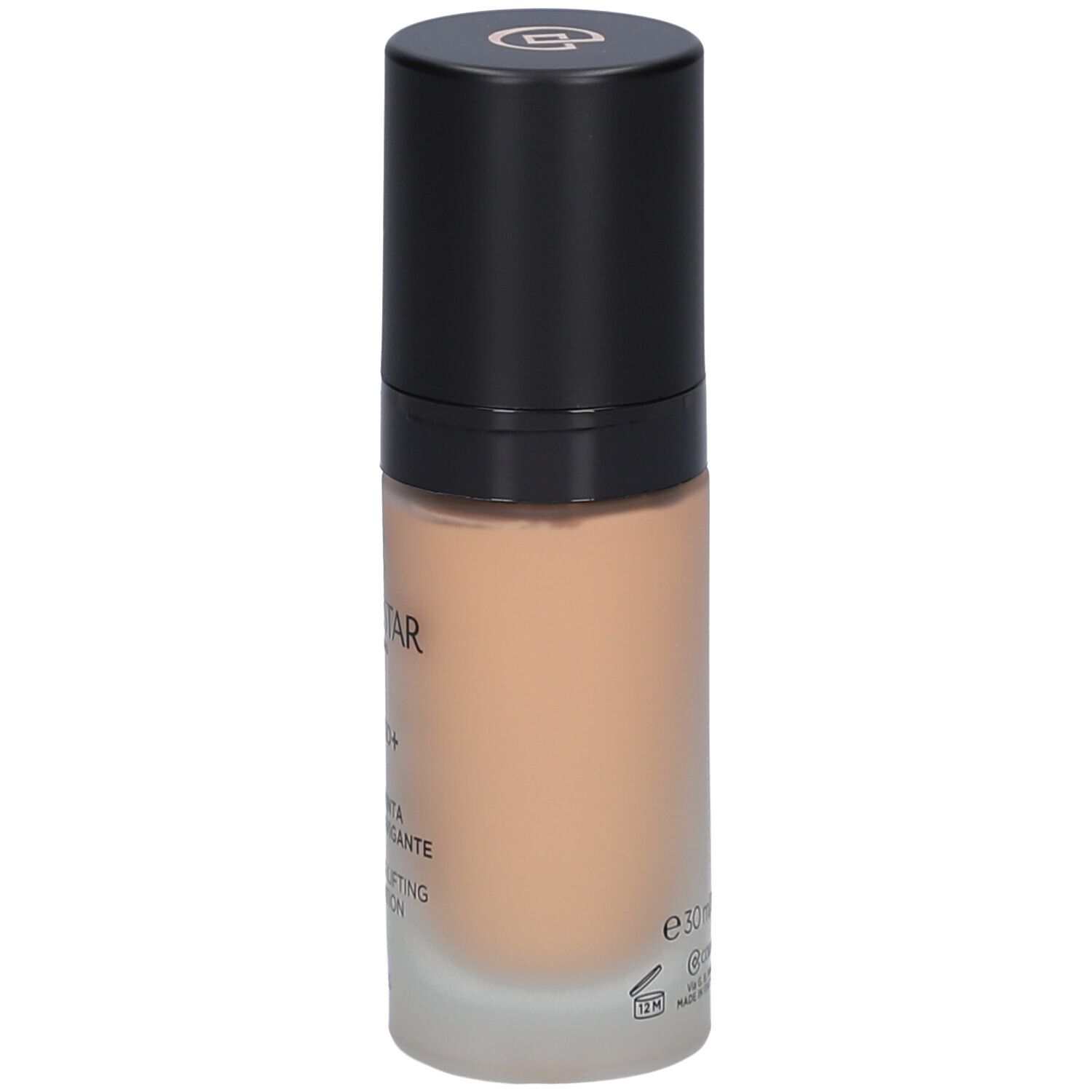 Flacon de fond de teint beige avec bouchon noir. Inscription : Collistar, Lift HD+, Smoothing Lifting Foundation, e30ml.