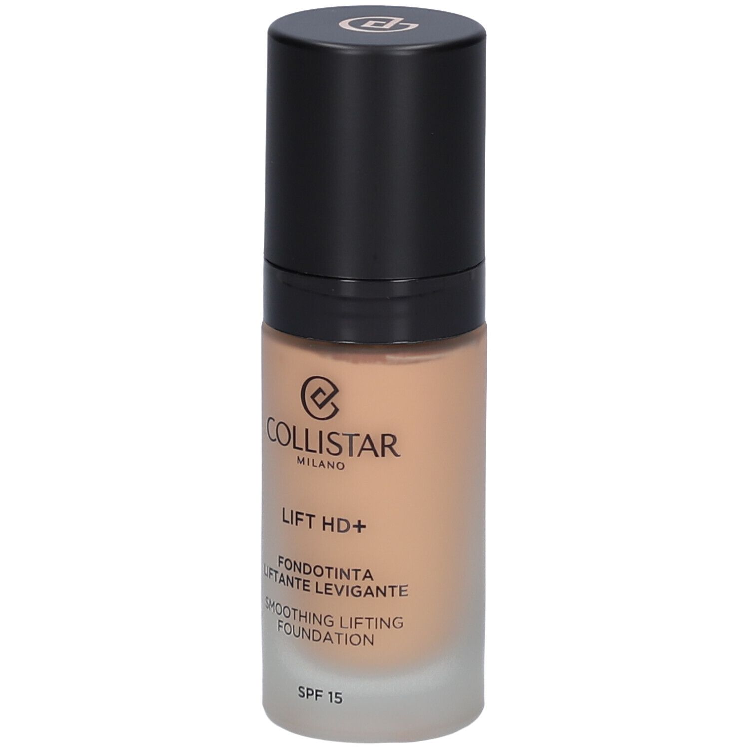 Flacon de fond de teint beige avec bouchon noir. Inscription : Collistar, Lift HD+, Smoothing Lifting Foundation, SPF 15.