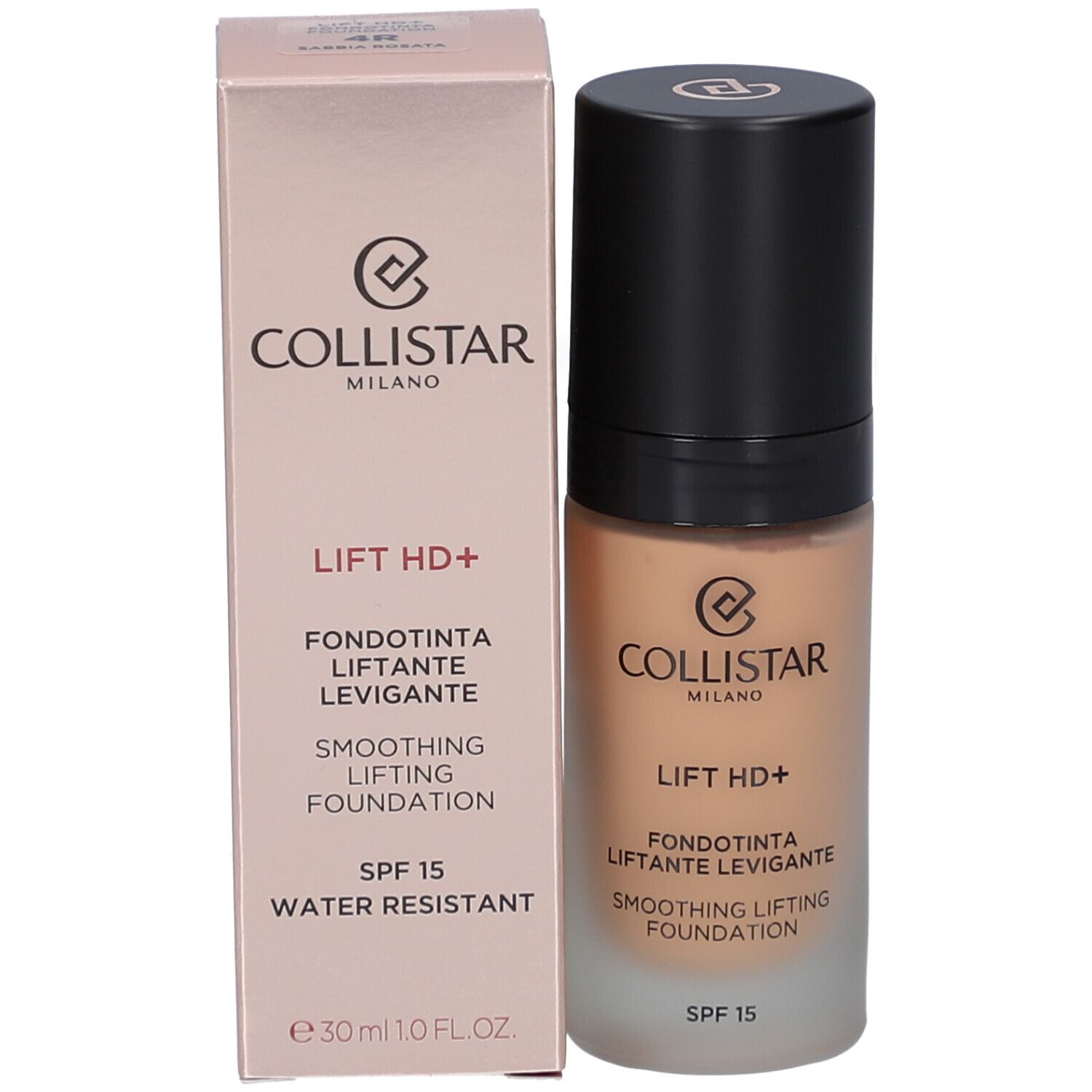 Flacon de fond de teint et boîte. Inscription : Collistar, Lift HD+, Smoothing Lifting Foundation, SPF 15, Water Resistant.