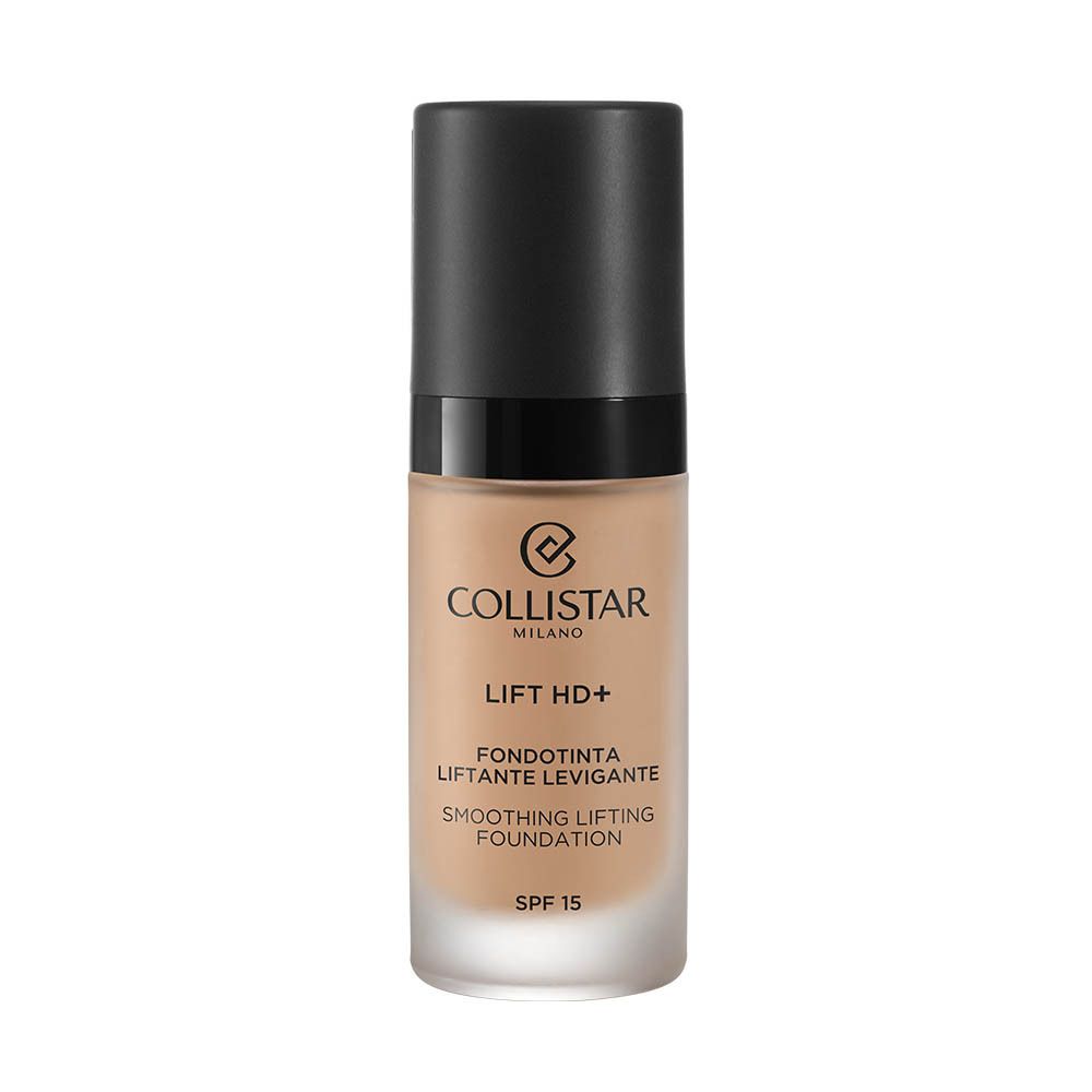 Flacon de fond de teint avec bouchon noir. Inscription: Collistar, Lift HD+, Smoothing Lifting Foundation, SPF 15.