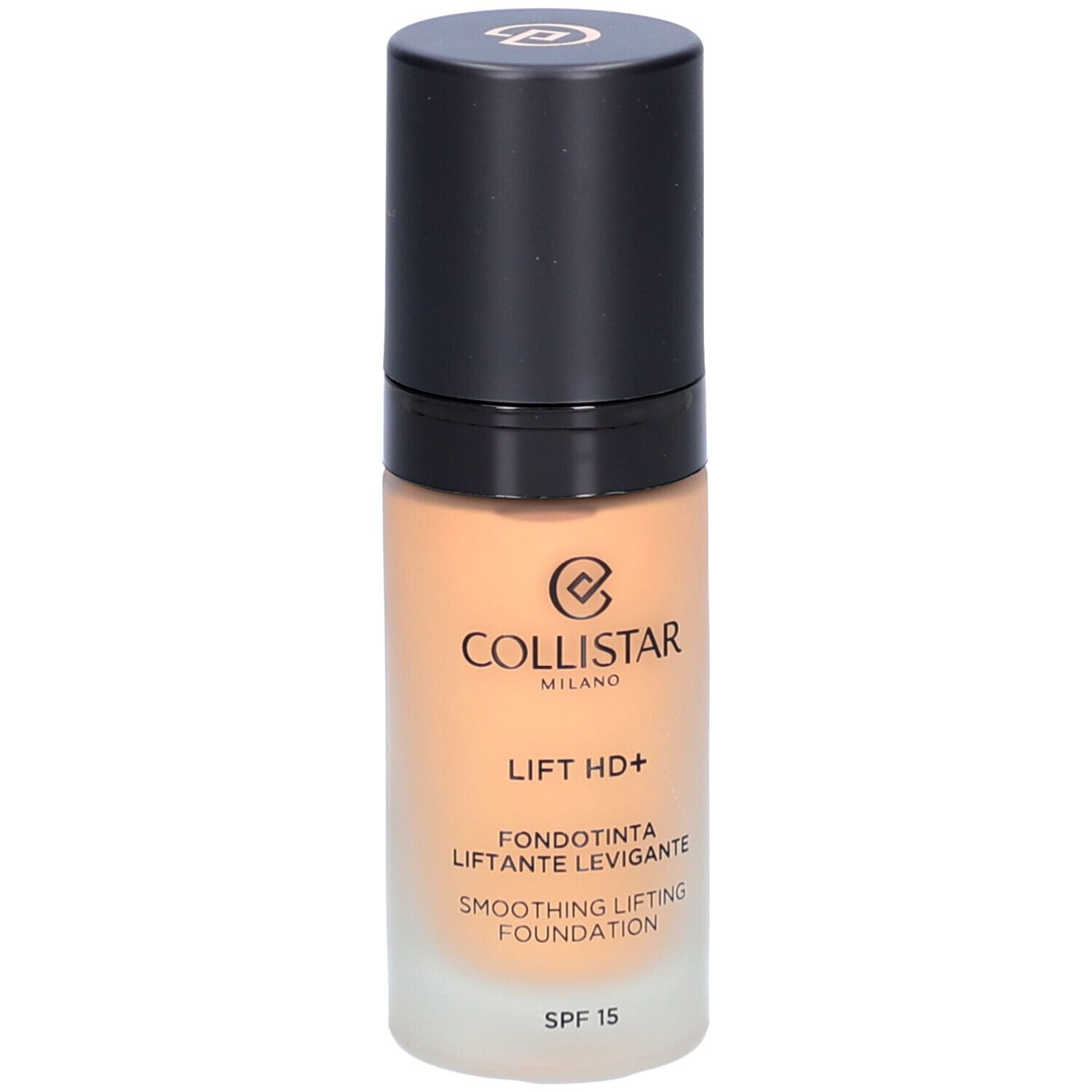 Flacon de fond de teint avec bouchon noir. Inscription: Collistar, Lift HD+, Smoothing Lifting Foundation, SPF 15.