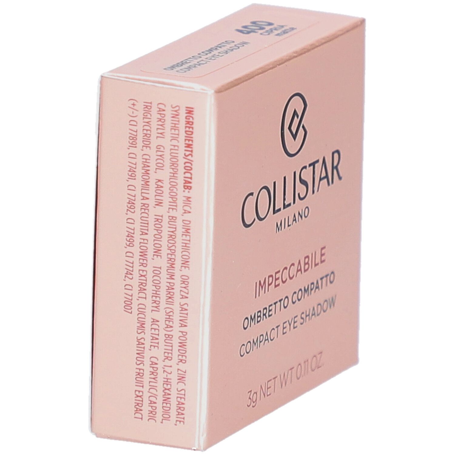 Boîte de fard à paupières compact. Marque Collistar, Impeccabile. Ingrédients sur le côté. 3g.