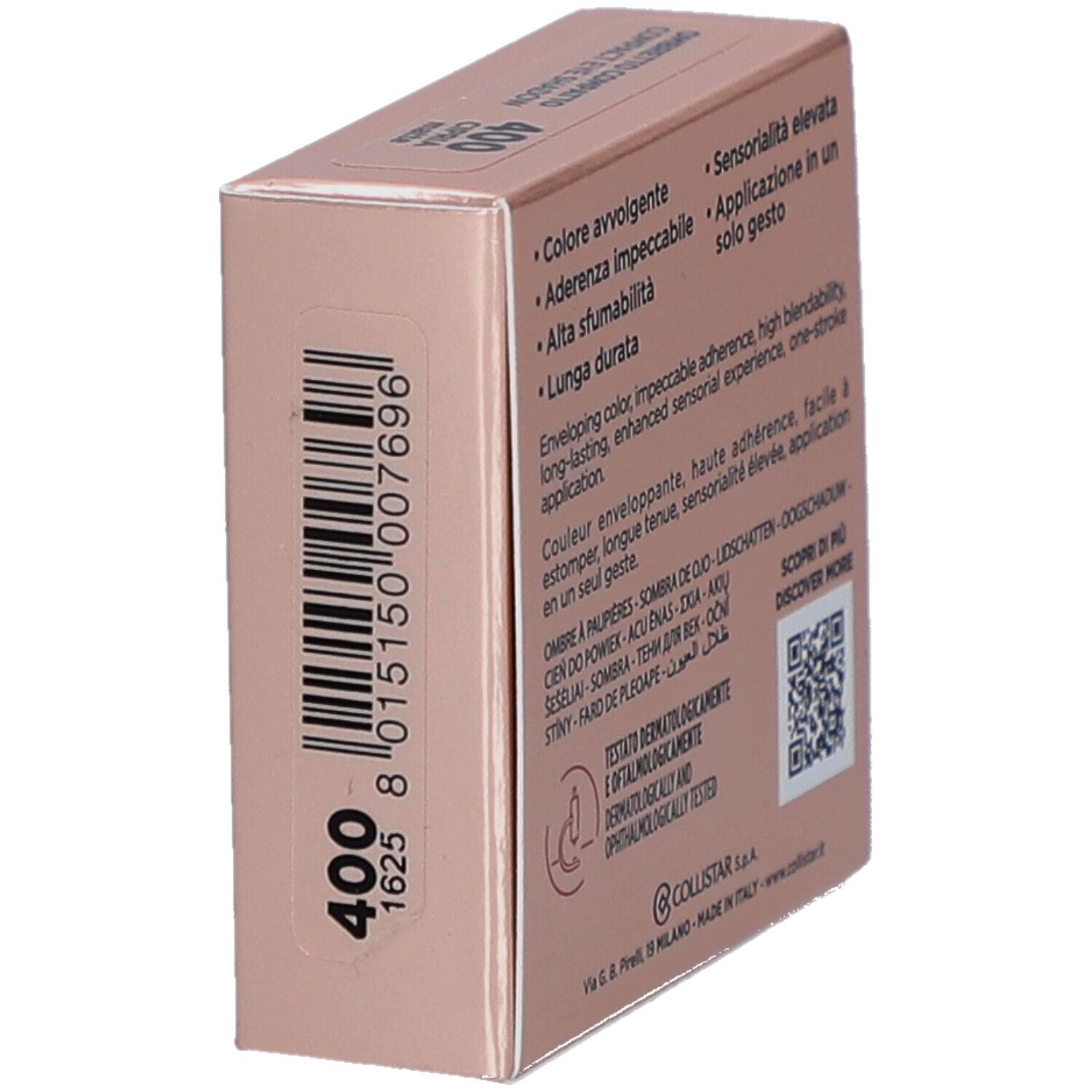 Dos de la boîte de fard à paupières. Marque Collistar. Texte: testé dermatologiquement et ophtalmologiquement. QR code.