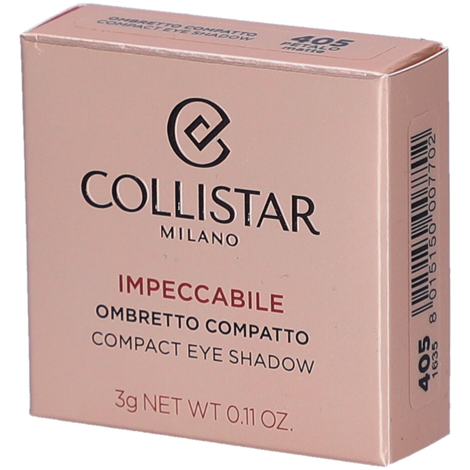 Kompakte Lidschatten-Verpackung. Rosa Farbton. Marke Collistar. Text: Impeccabile Ombretto Compatto Compact Eye Shadow.