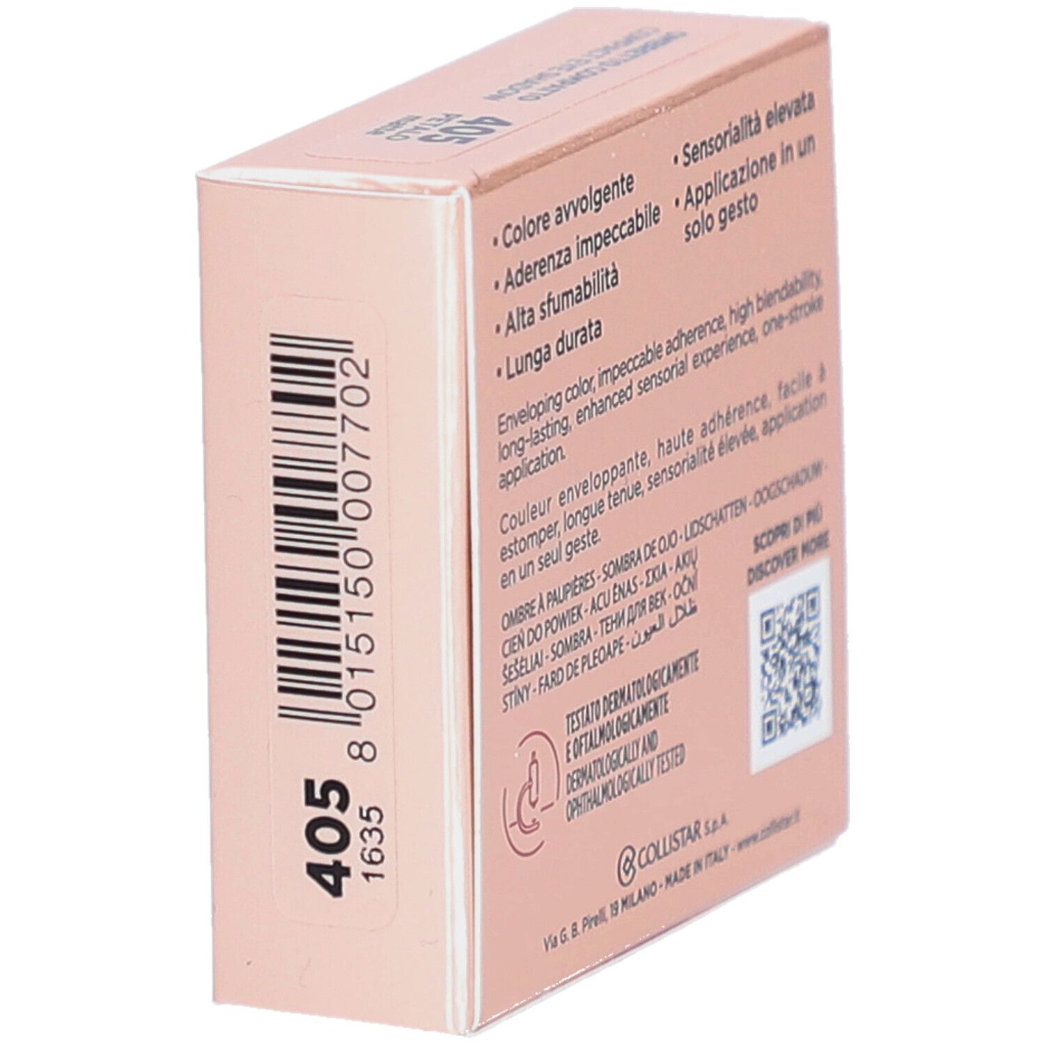 Rückseite der Lidschatten-Verpackung. Text in mehreren Sprachen. Dermatologisch und ophthalmologisch getestet.