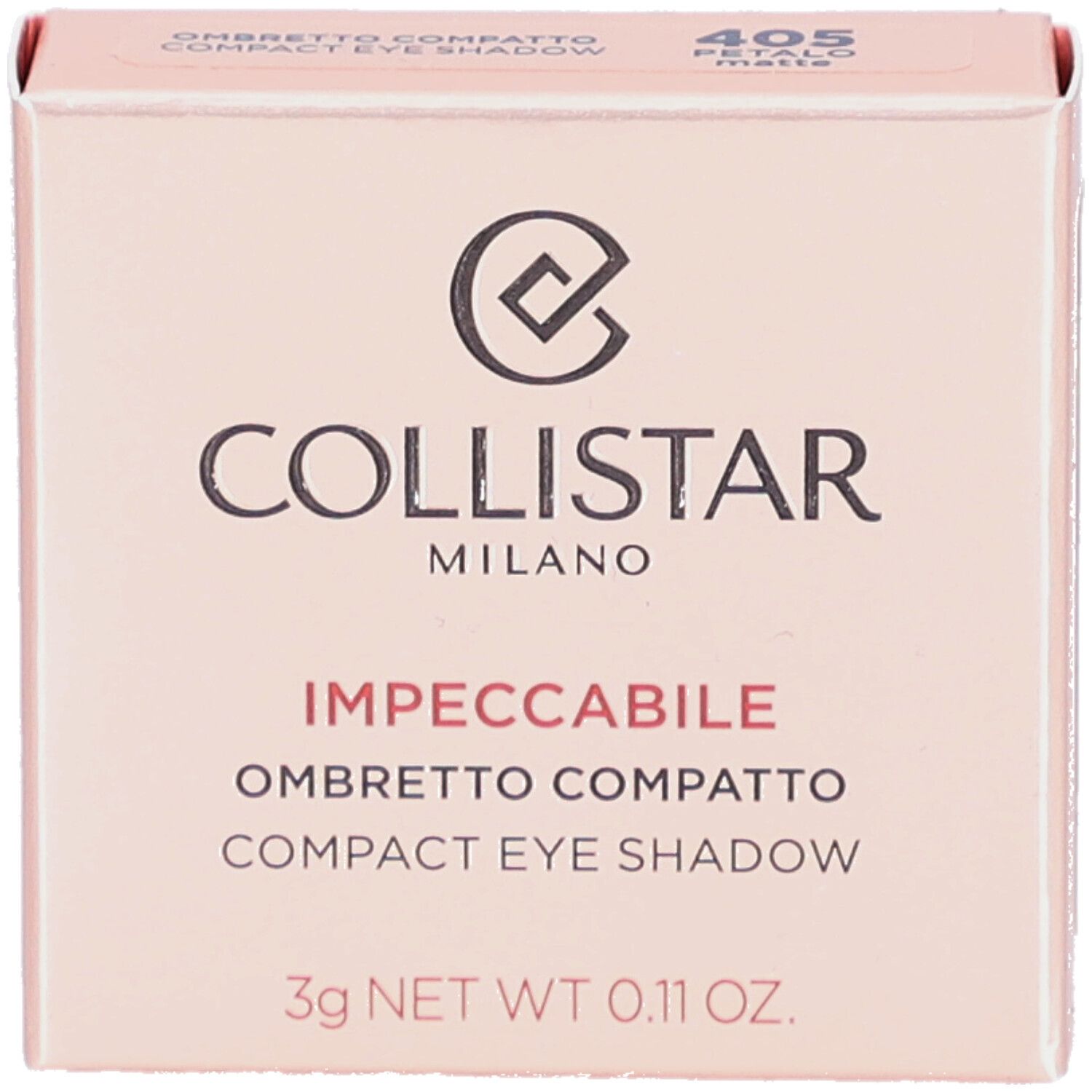 Kompakte Lidschatten-Verpackung. Rosa Farbton. Marke Collistar. Text: Impeccabile Ombretto Compatto Compact Eye Shadow.