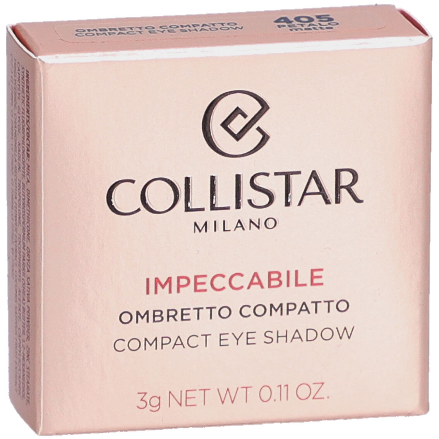 Kompakte Lidschatten-Verpackung. Rosa Farbton. Marke Collistar. Text: Impeccabile Ombretto Compatto Compact Eye Shadow.