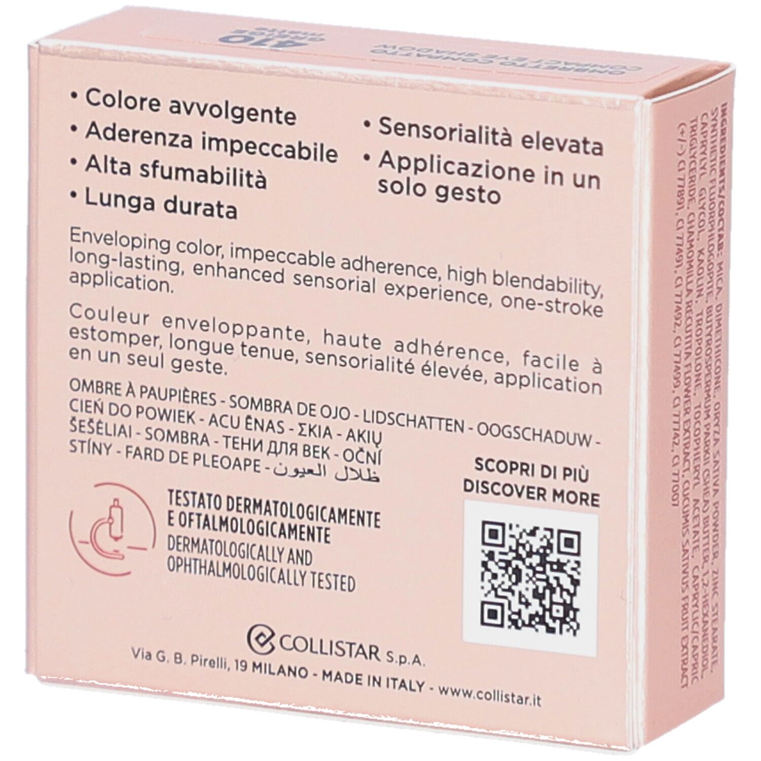 Arrière de la boîte de fard à paupières compact Collistar Impeccabile. Texte avec caractéristiques et QR.