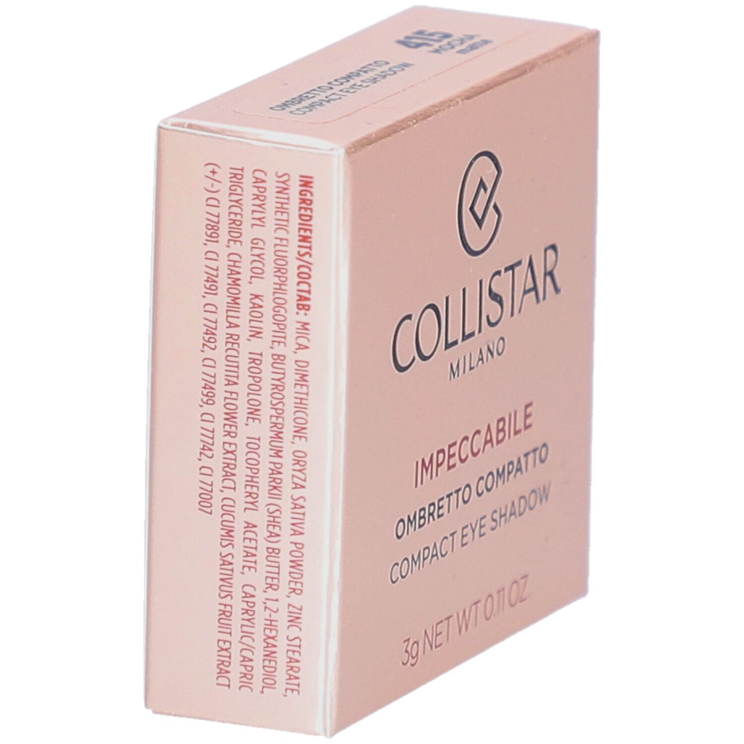 Boîte de fard à paupières compact. Marque Collistar. Dos avec ingrédients et logo.