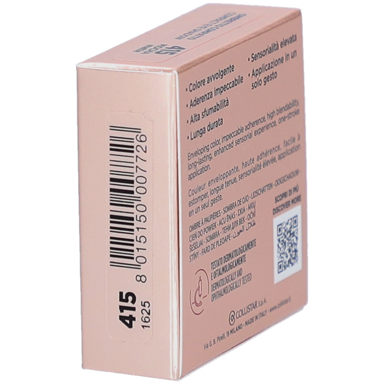 Boîte de fard à paupières compact. Marque Collistar. Dos avec caractéristiques et logo.