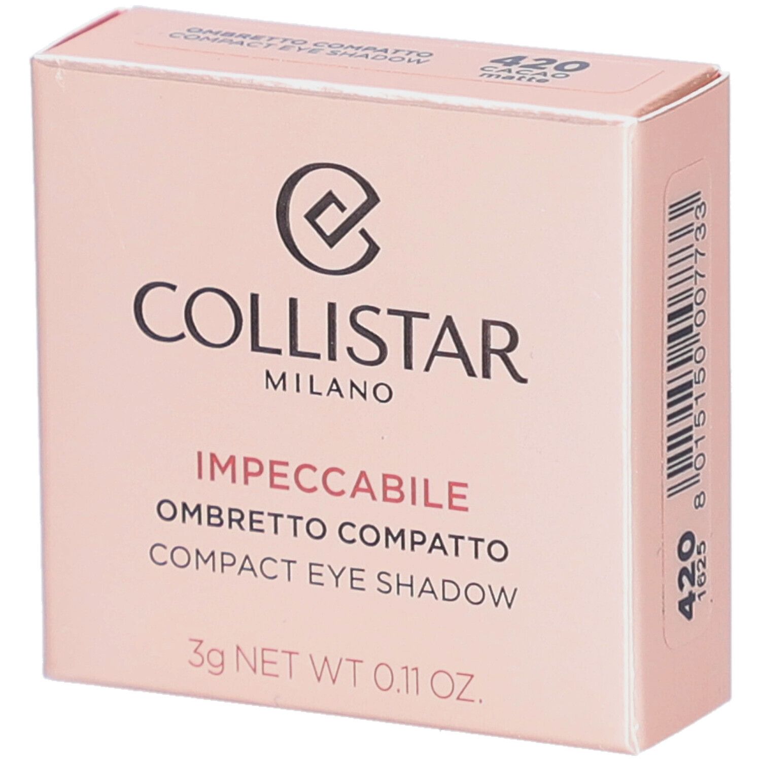 Ombre à paupières compacte Collistar, emballage rose. Teinte 420 Cacao Matte. 3g net. Texte en italien et anglais.
