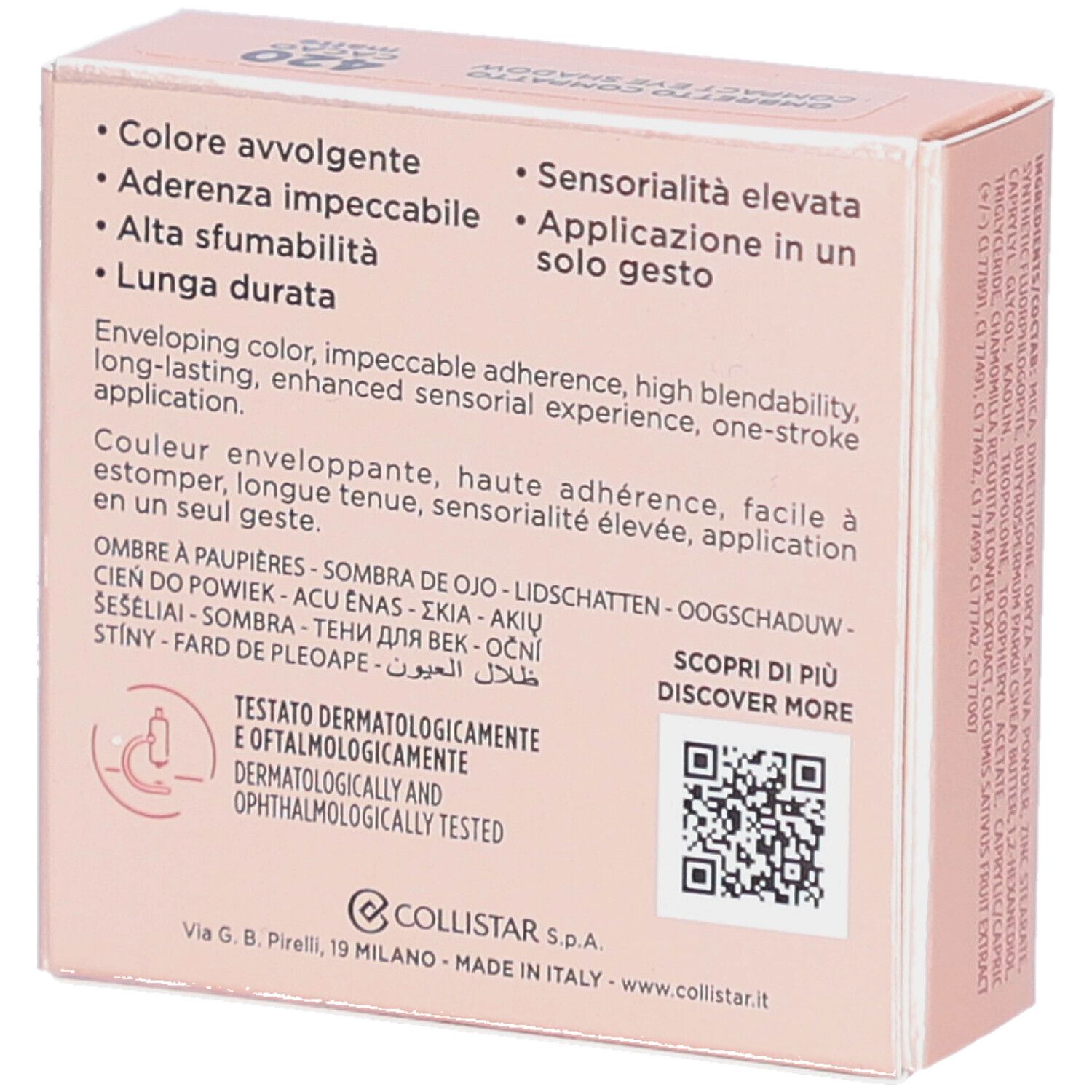 Dos de l'emballage rose. Texte en italien et anglais. Testé dermatologiquement et ophtalmologiquement. Code QR.