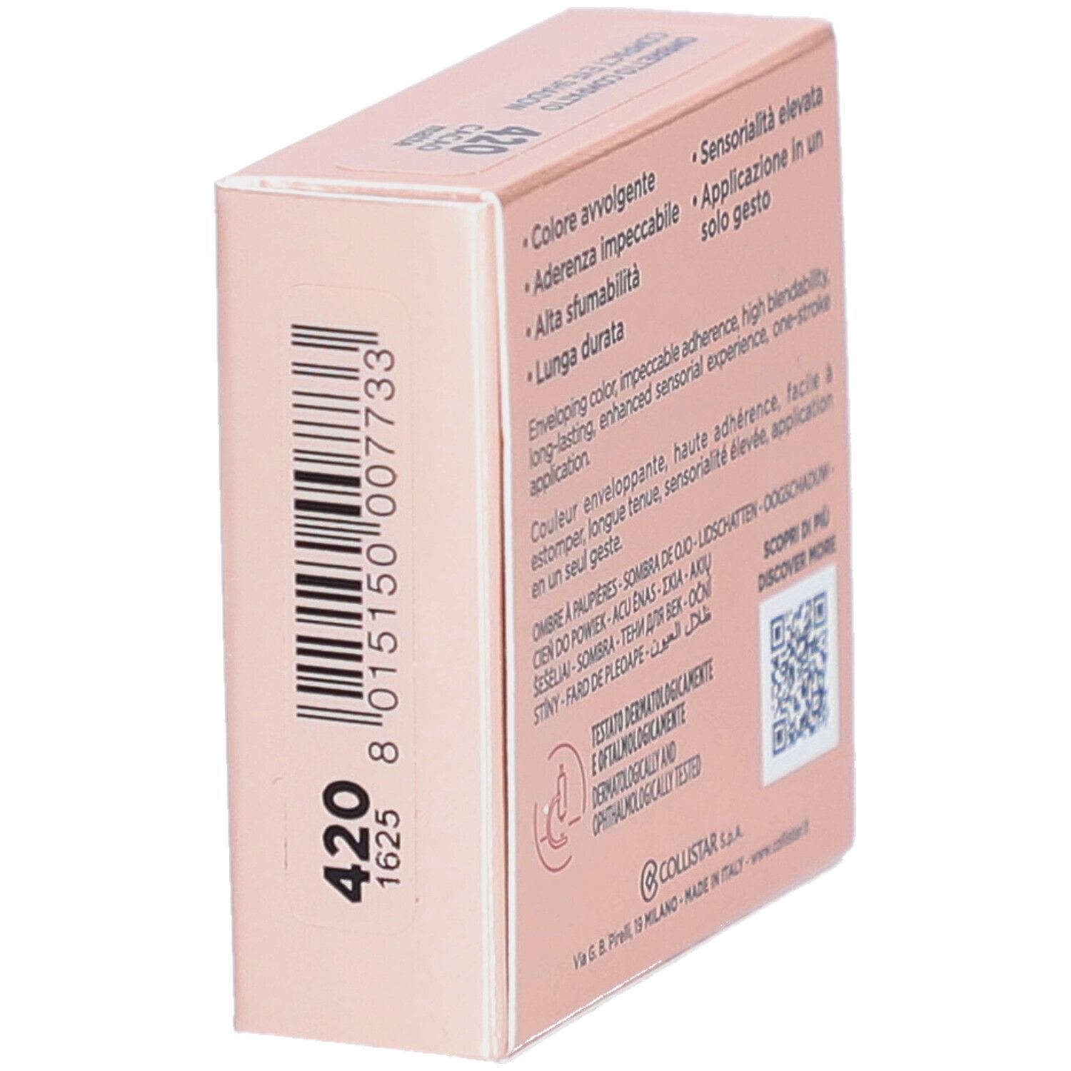 Dos de l'emballage rose. Texte en italien et anglais. Testé dermatologiquement et ophtalmologiquement. Code couleur 420.