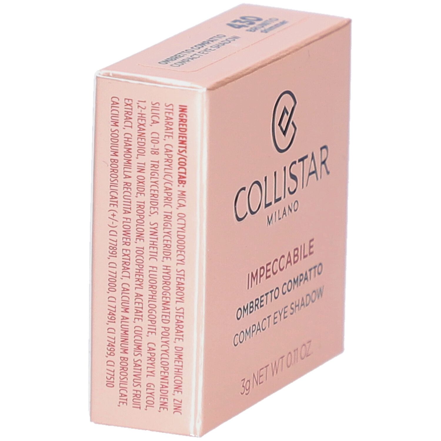 Emballage rose avec ingrédients. Marque Collistar, inscription Impeccabile. Teinte 430 Brunito Shimmer.